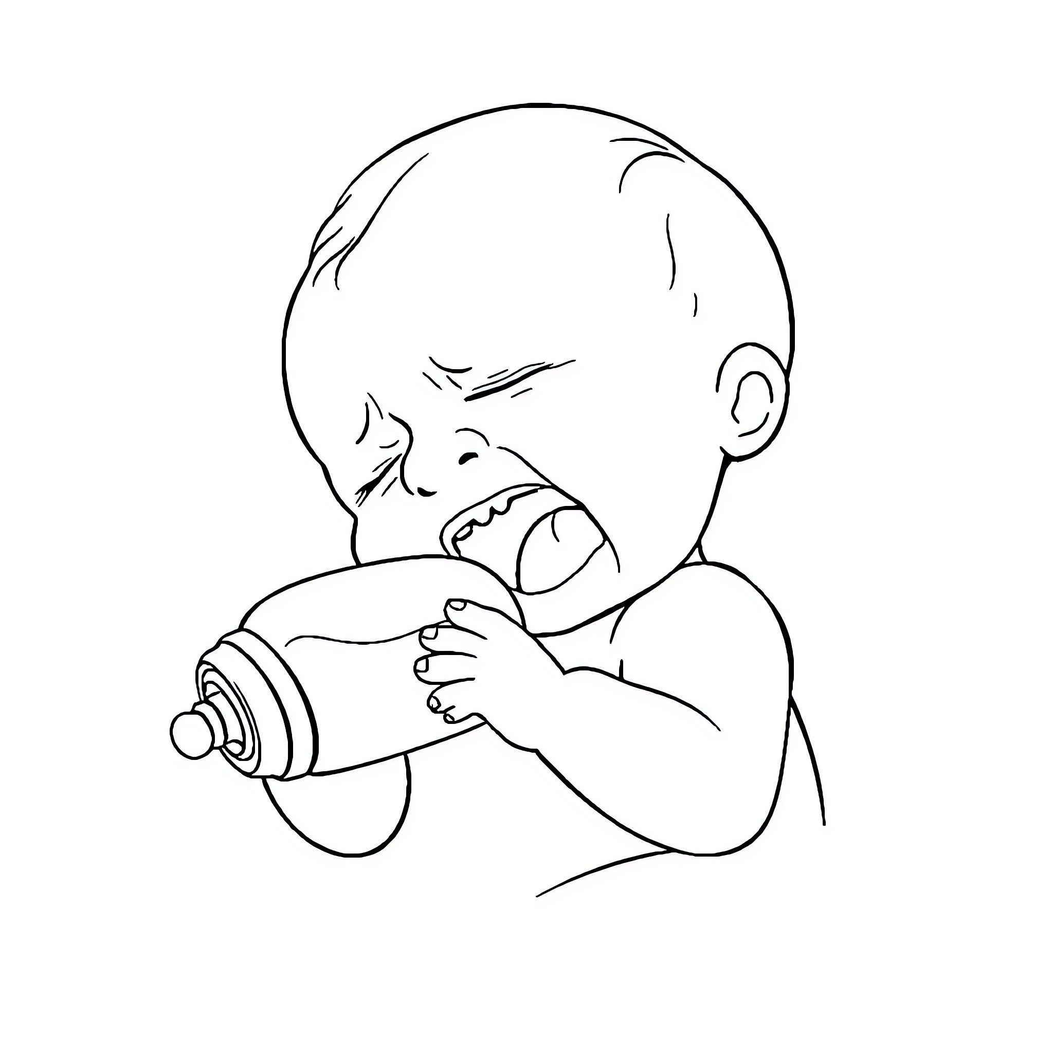 Newborn baby drinking from bottle Coloring Page (free black-and-white line drawing printable PDF for all, from beginners to advanced learners, including children, teens, adults, and seniors)