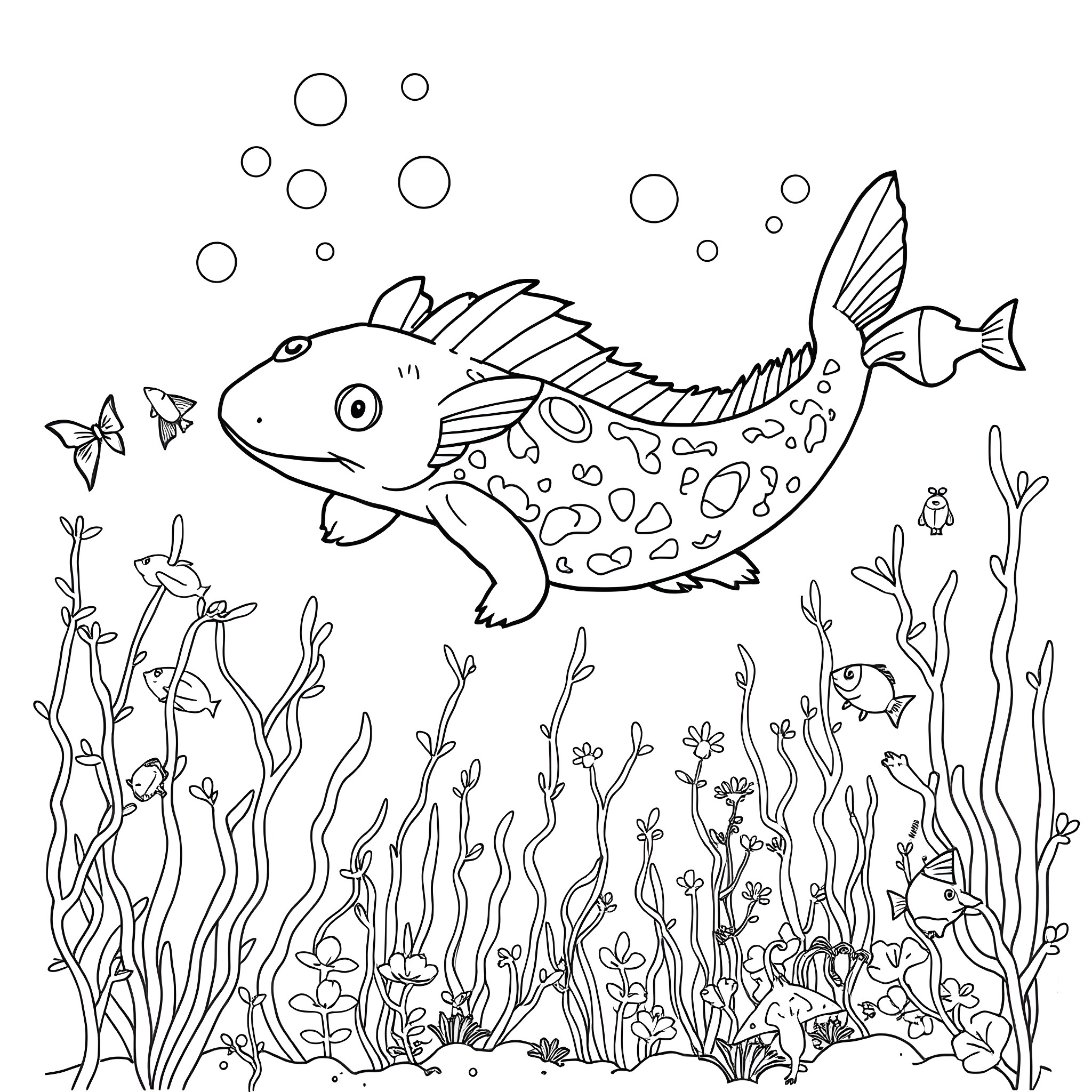 Axolotl swimming among underwater plants and fish Coloring Page (free black-and-white line drawing printable PDF for all, from beginners to advanced learners, including children, teens, adults, and seniors)