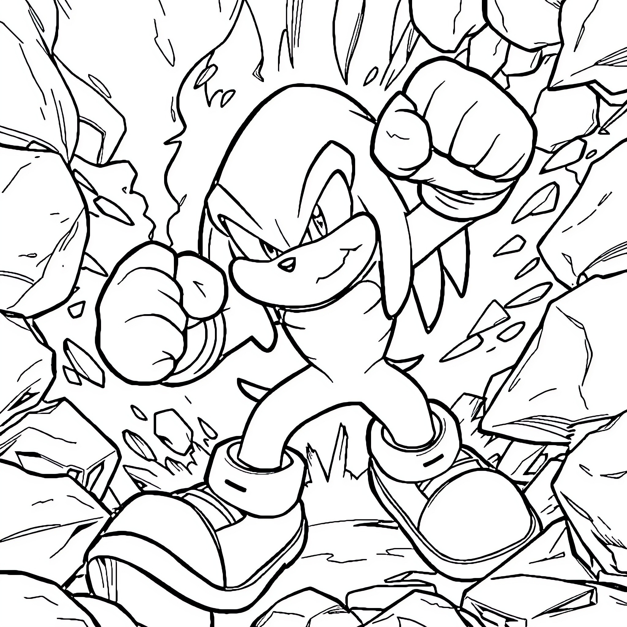 Knuckles in an intense battle against debris Coloring Page (free black-and-white line drawing printable PDF for all, from beginners to advanced learners, including children, teens, adults, and seniors)