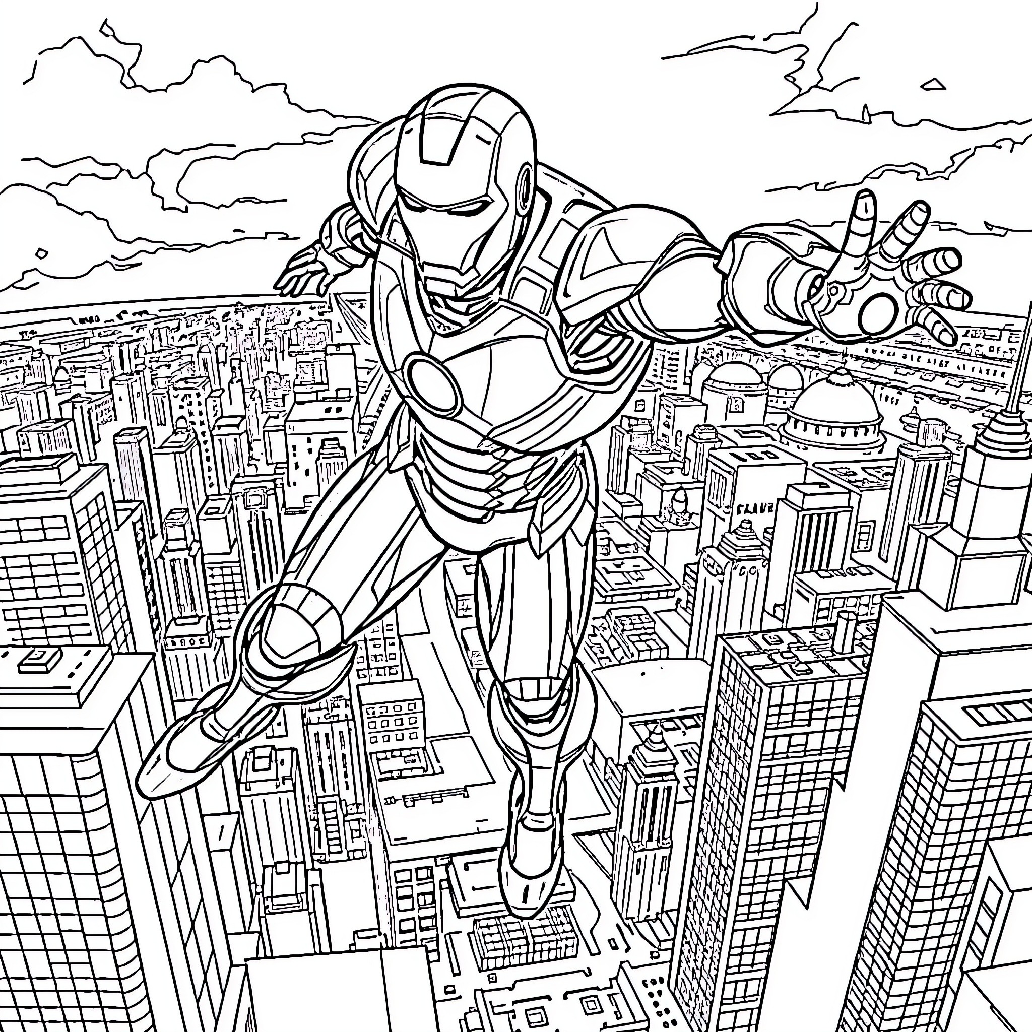 Iron Man soaring over the cityscape Coloring Page (free black-and-white line drawing printable PDF for all, from beginners to advanced learners, including children, teens, adults, and seniors)