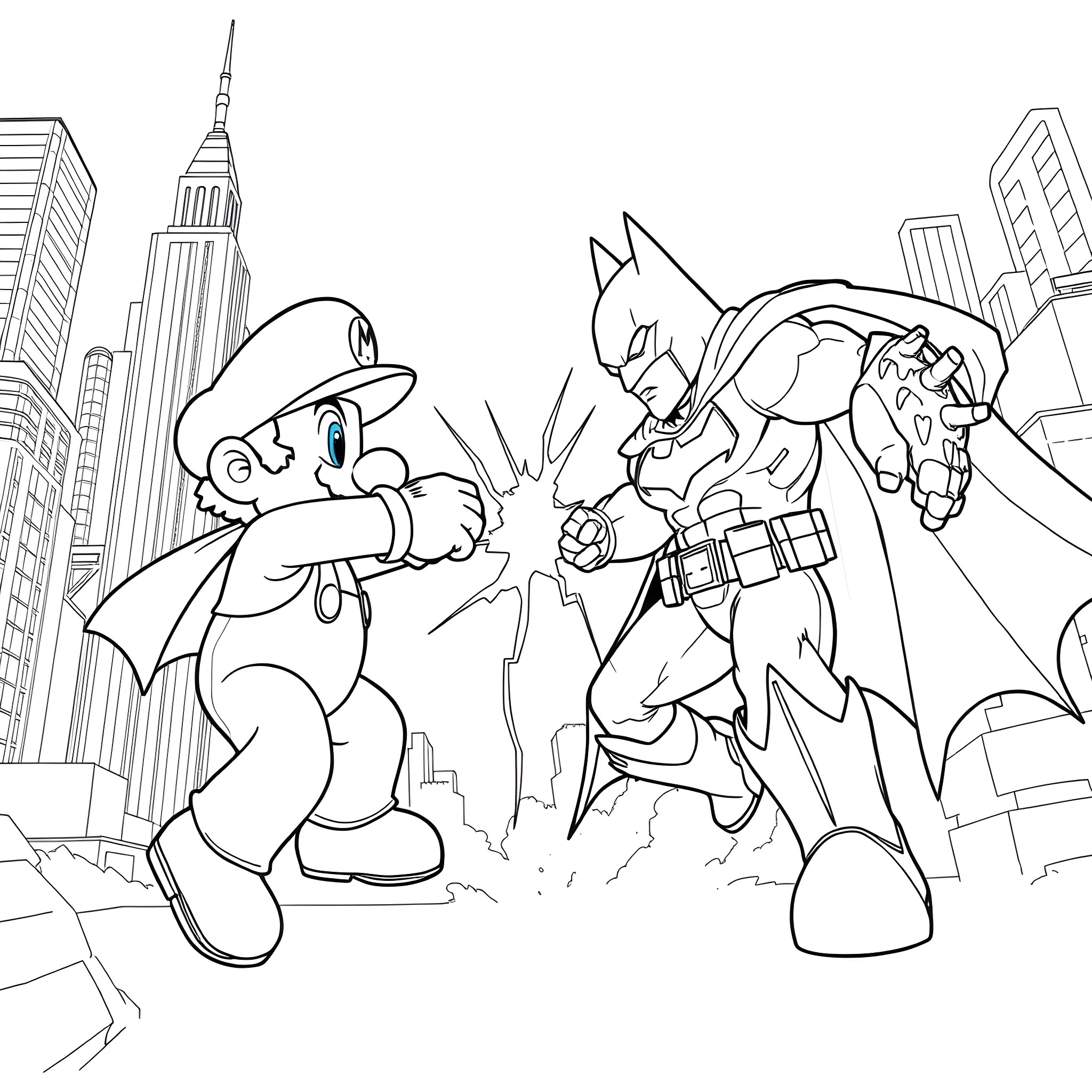 Mario battling Batman in the city Coloring Page (free black-and-white line drawing printable PDF for all, from beginners to advanced learners, including children, teens, adults, and seniors)