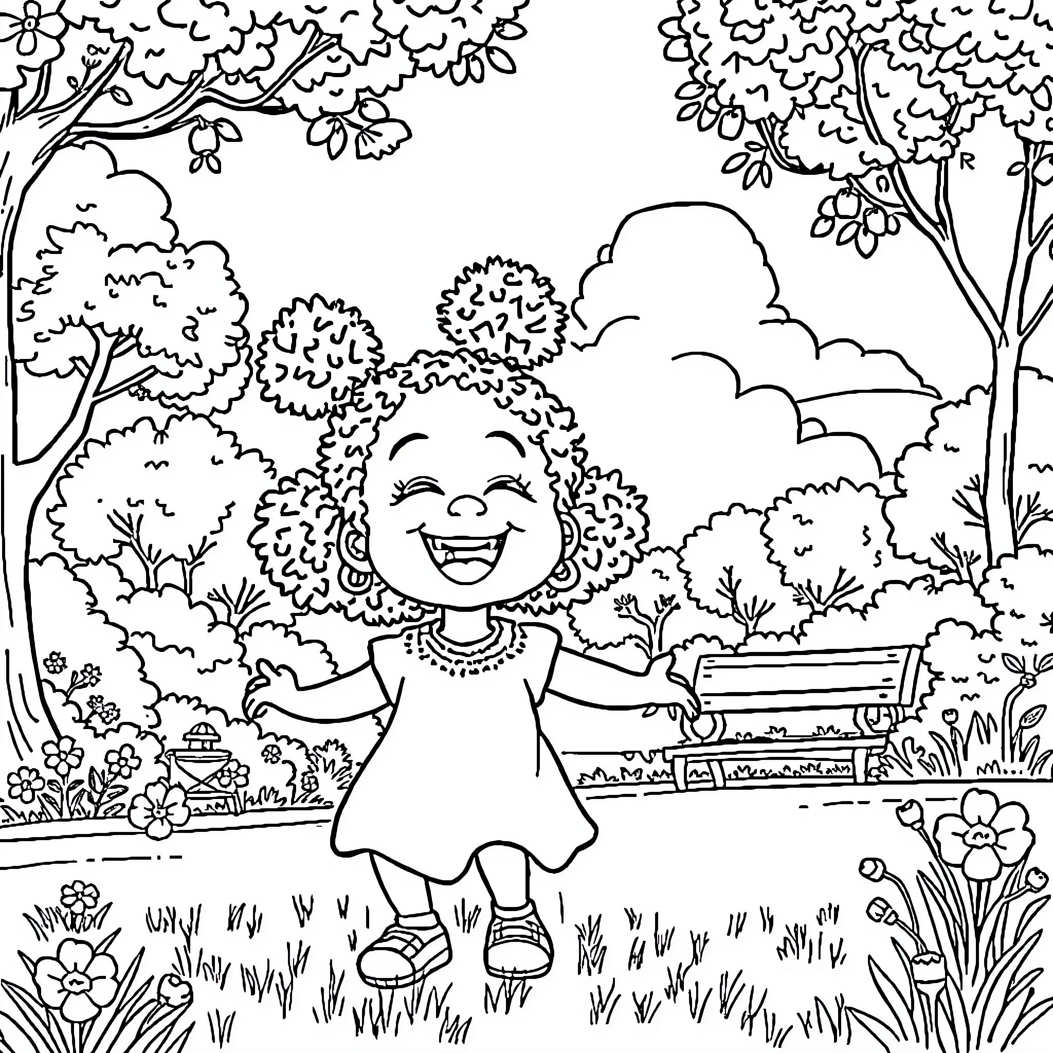 Girl exploring joyful garden in the park Coloring Page (free black-and-white line drawing printable PDF for all, from beginners to advanced learners, including children, teens, adults, and seniors)