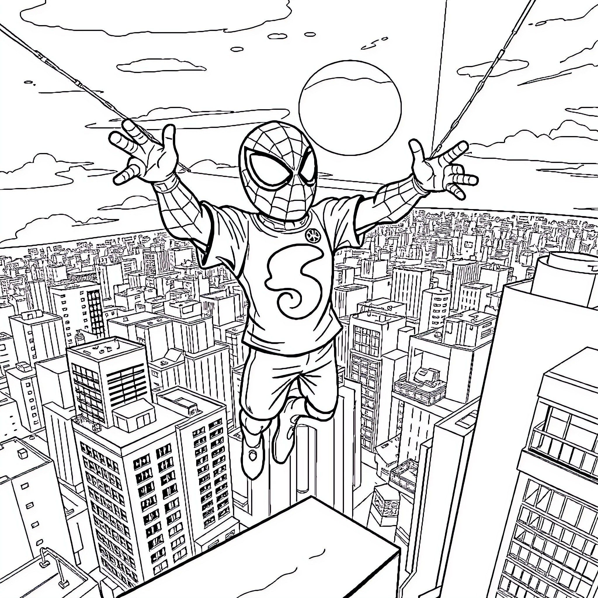 Homem-Aranha swinging across the city skyline Coloring Page (free black-and-white line drawing printable PDF for all, from beginners to advanced learners, including children, teens, adults, and seniors)