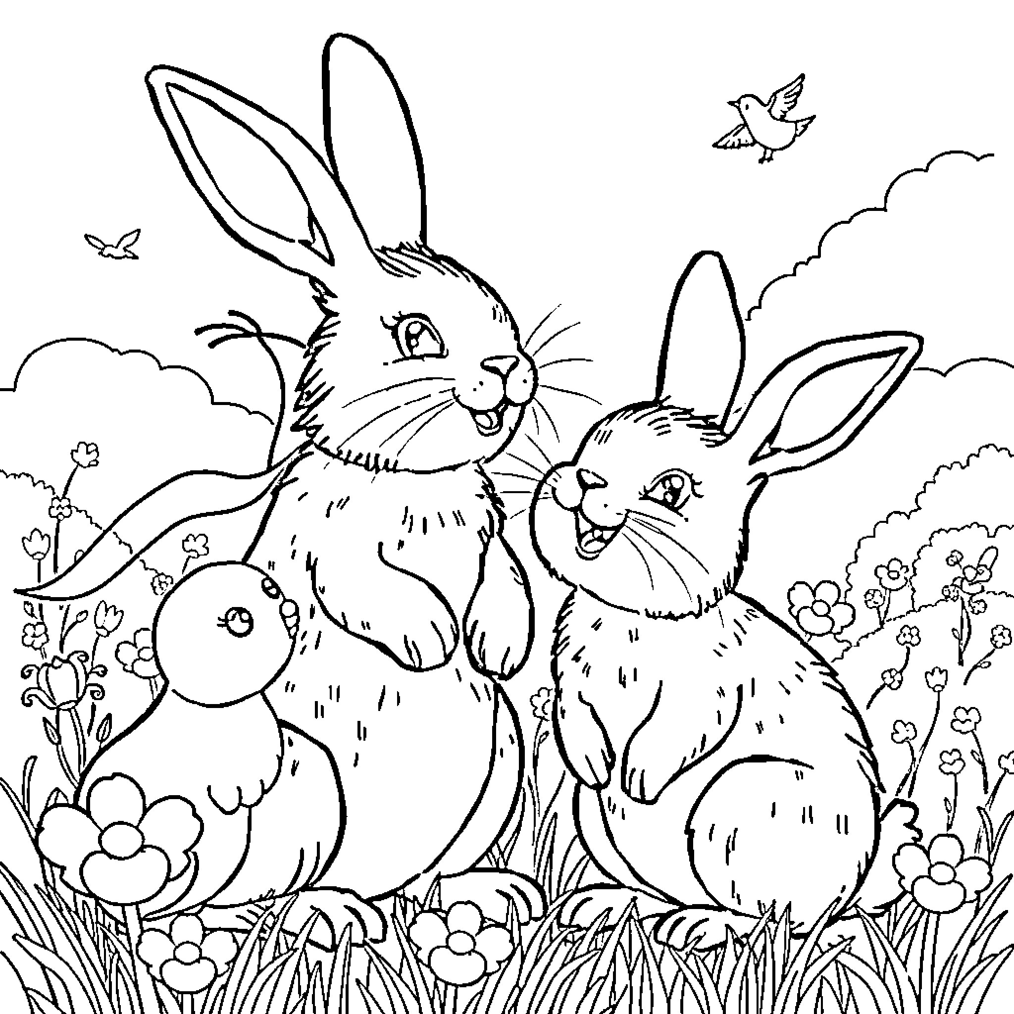 Animal Rabbits playing in a garden setting Coloring Page (free black-and-white line drawing printable PDF for all, from beginners to advanced learners, including children, teens, adults, and seniors)