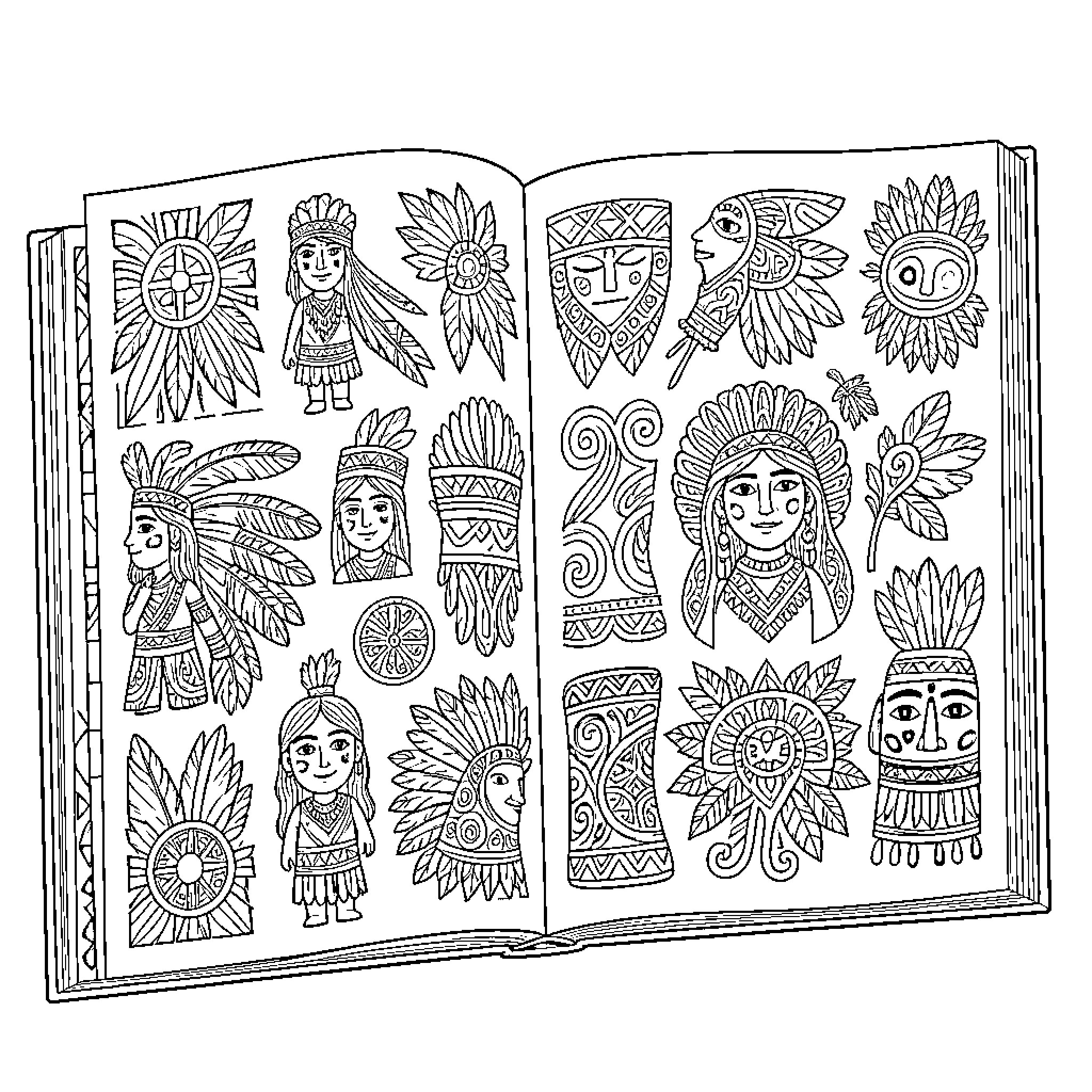 Native American Symbolic Artwork and Illustrations Coloring Page (free black-and-white line drawing printable PDF for all, from beginners to advanced learners, including children, teens, adults, and seniors)