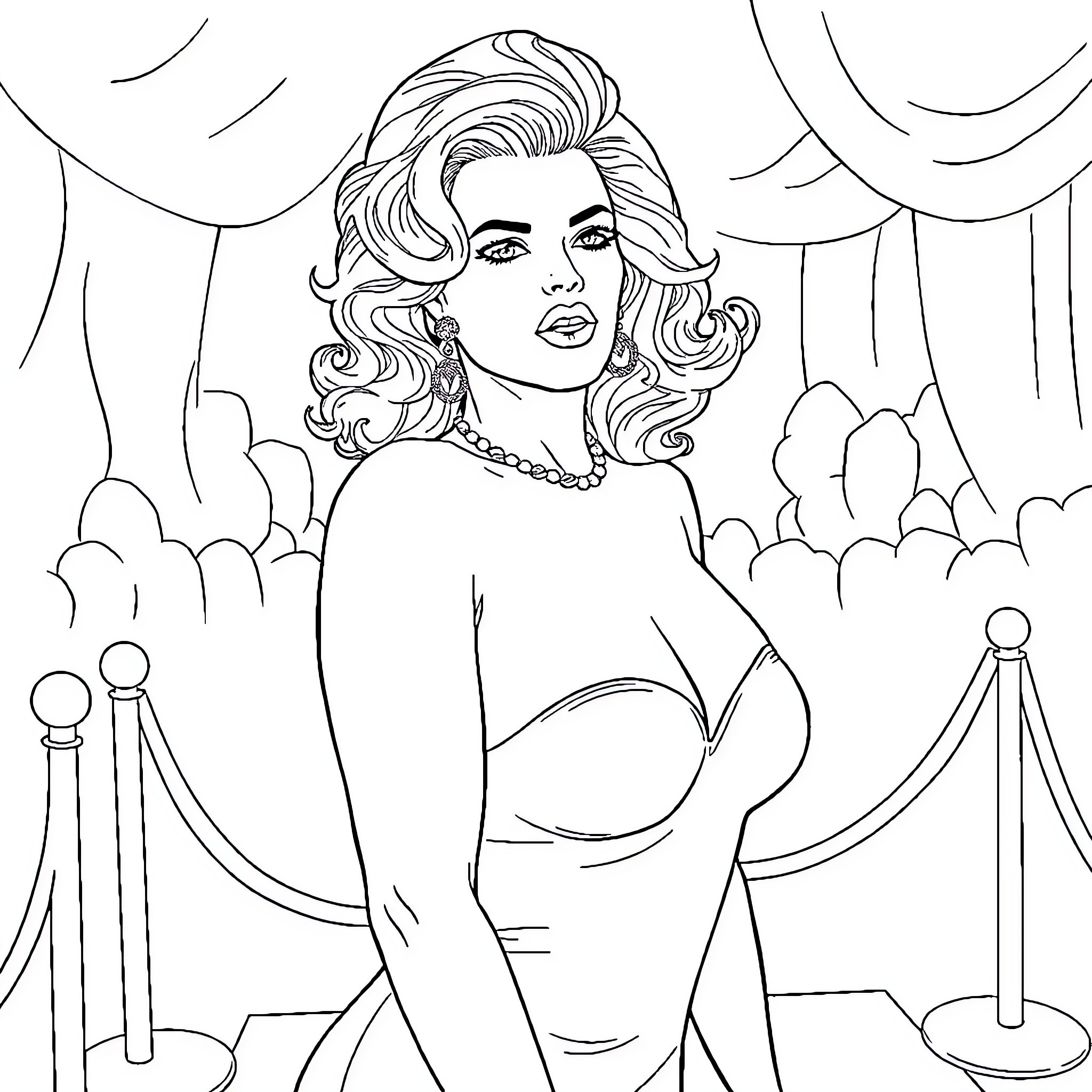 Anna Nicole Smith posing glamorously on stage Coloring Page (free black-and-white line drawing printable PDF for all, from beginners to advanced learners, including children, teens, adults, and seniors)