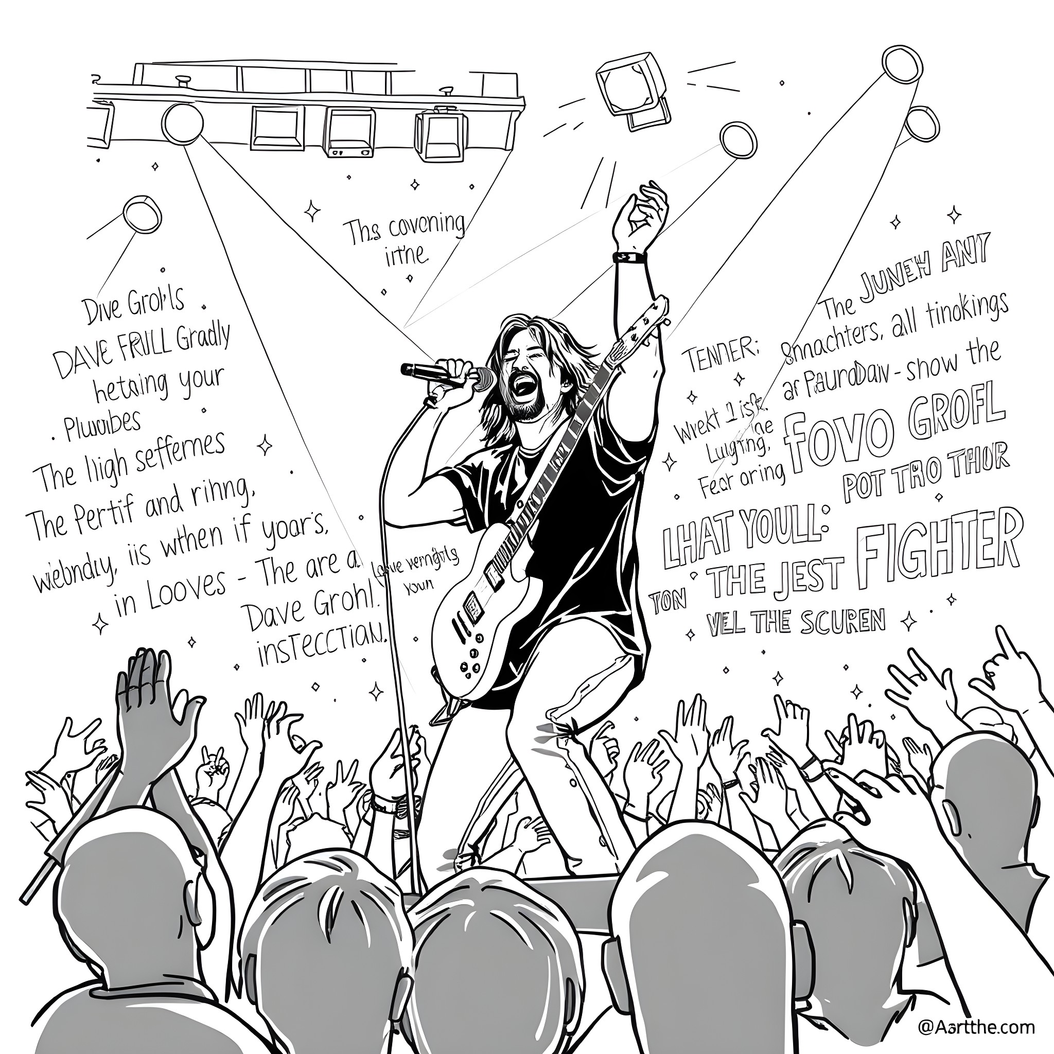 Dave Grohl Rocking the Stage with Passionate Performance Coloring Page (free black-and-white line drawing printable PDF for all, from beginners to advanced learners, including children, teens, adults, and seniors)