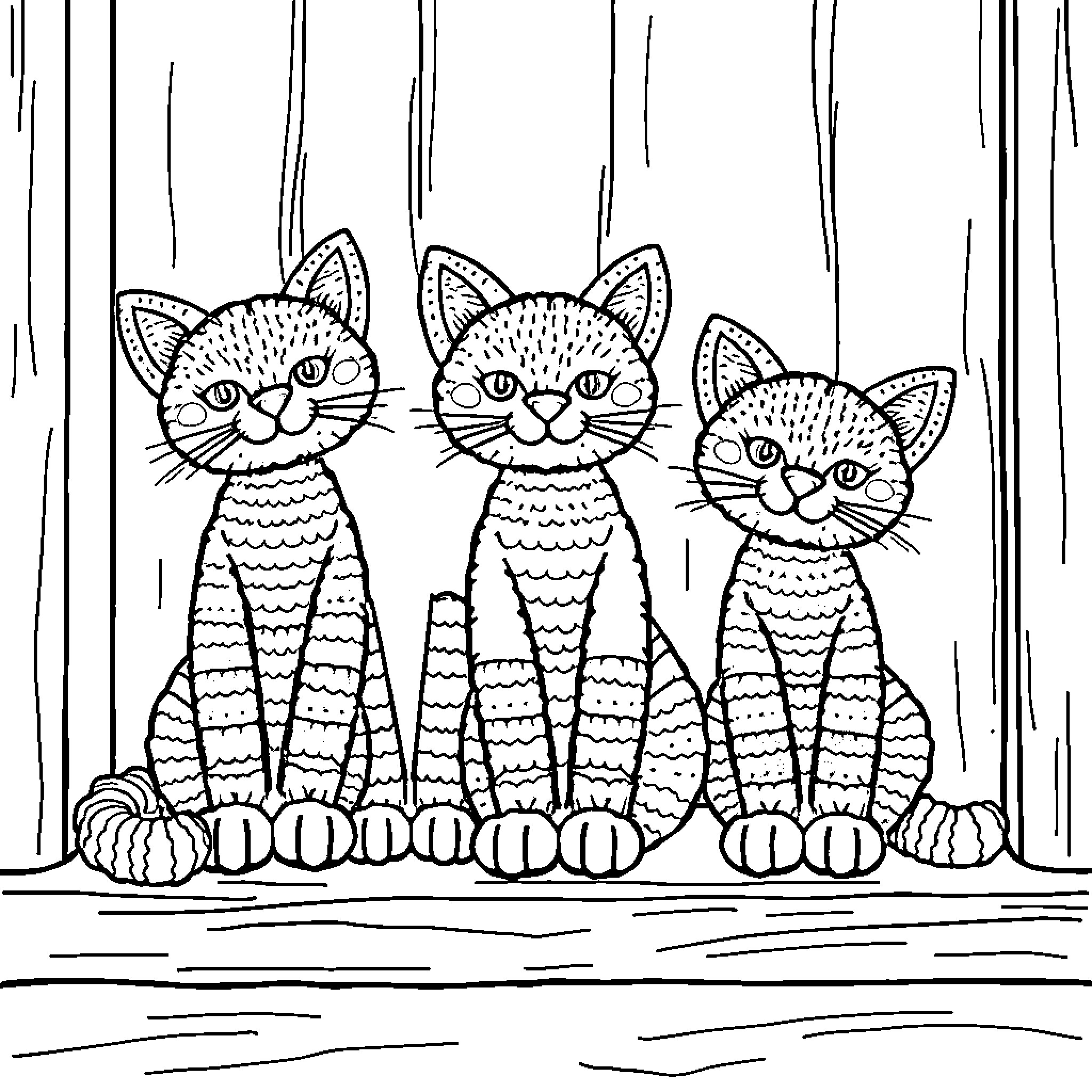 Crochet Cats Sitting Together Coloring Page (free black-and-white line drawing printable PDF for all, from beginners to advanced learners, including children, teens, adults, and seniors)