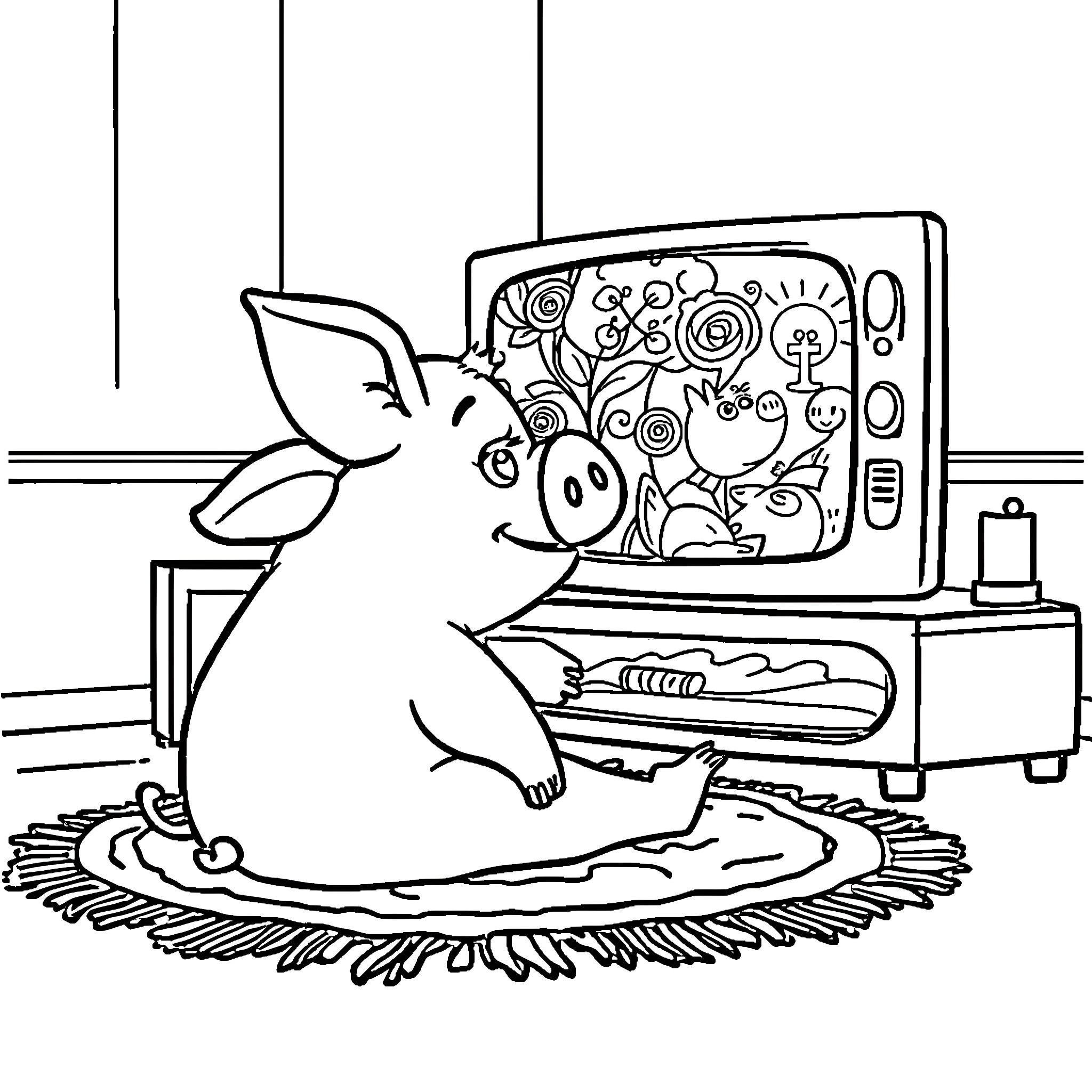 Pua playing with TV in the living room Coloring Page (free black-and-white line drawing printable PDF for all, from beginners to advanced learners, including children, teens, adults, and seniors)