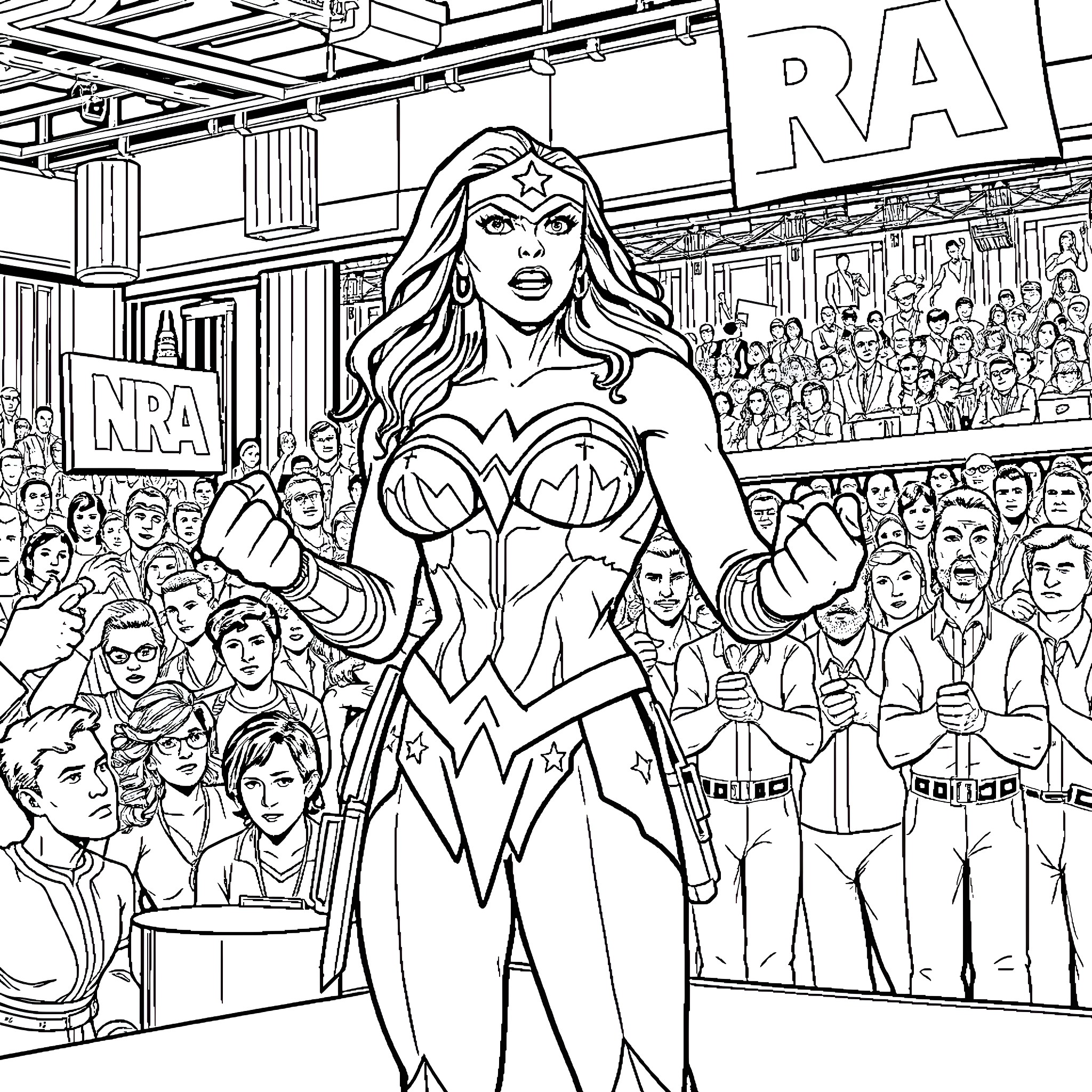 Wonder Woman Inspiring the Crowd at a Rally Coloring Page (free black-and-white line drawing printable PDF for all, from beginners to advanced learners, including children, teens, adults, and seniors)