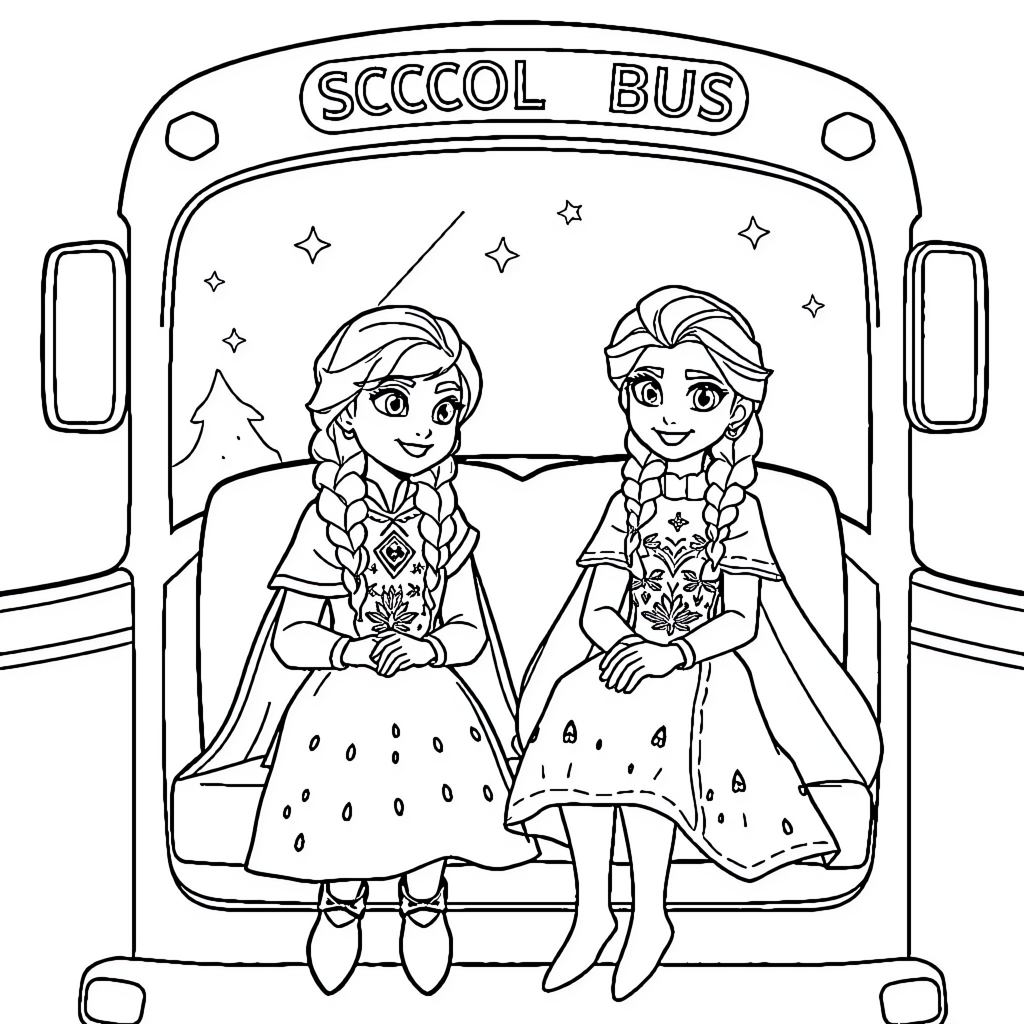 Anna and Elsa riding on the school bus Coloring Page (free black-and-white line drawing printable PDF for all, from beginners to advanced learners, including children, teens, adults, and seniors)