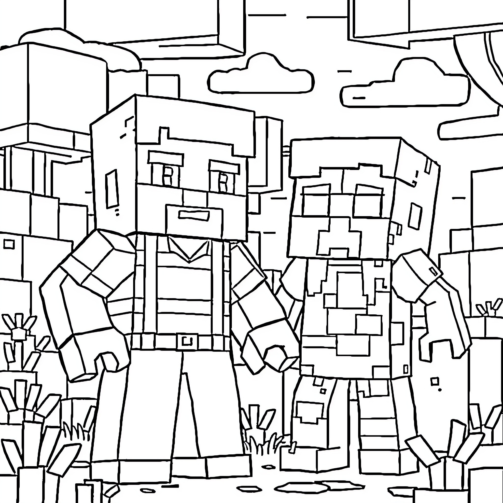 Steve's Minecraft Adventure in the Cave Coloring Page (free black-and-white line drawing printable PDF for all, from beginners to advanced learners, including children, teens, adults, and seniors)