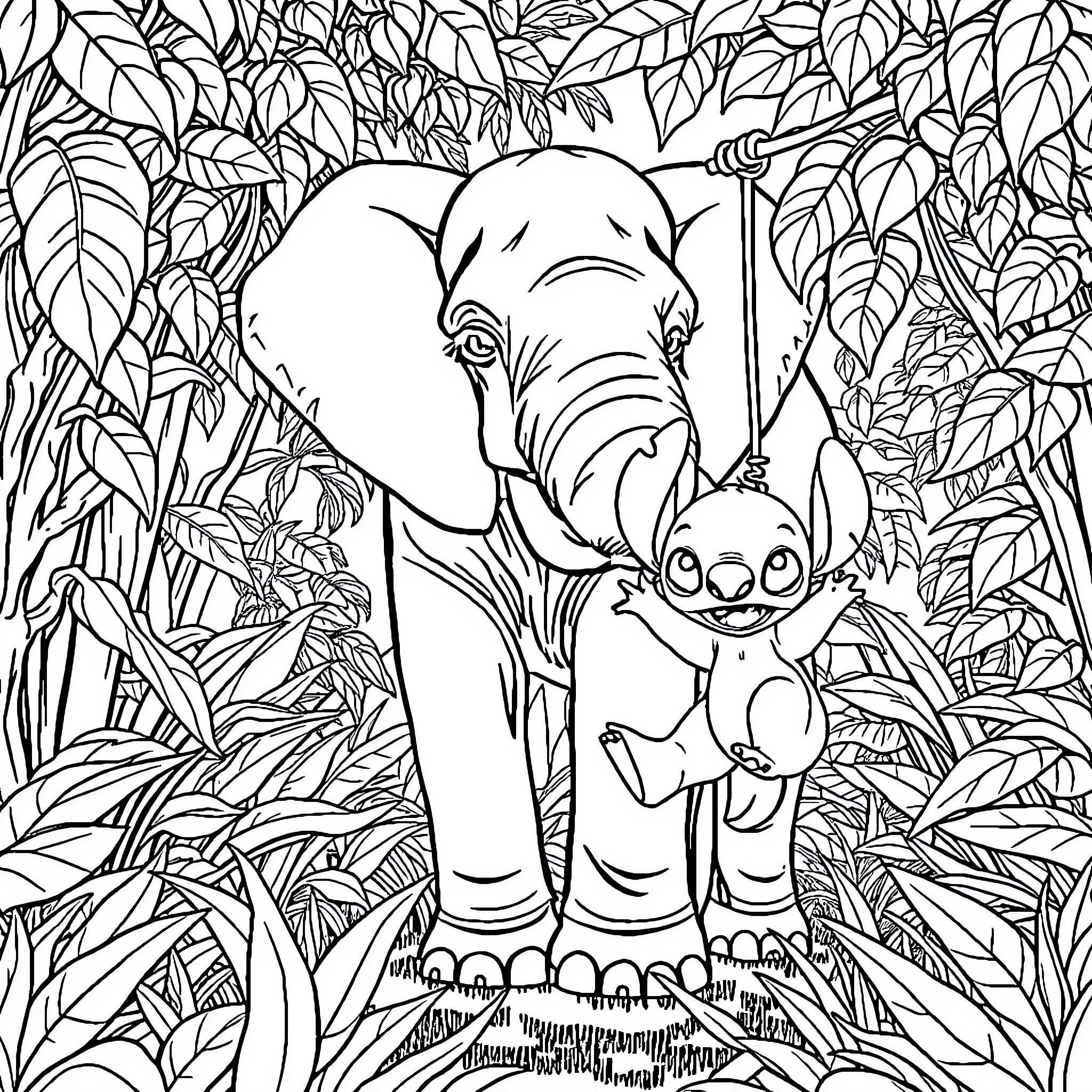 Elephant and Companion in Lush Vegetation Coloring Page (free black-and-white line drawing printable PDF for all, from beginners to advanced learners, including children, teens, adults, and seniors)