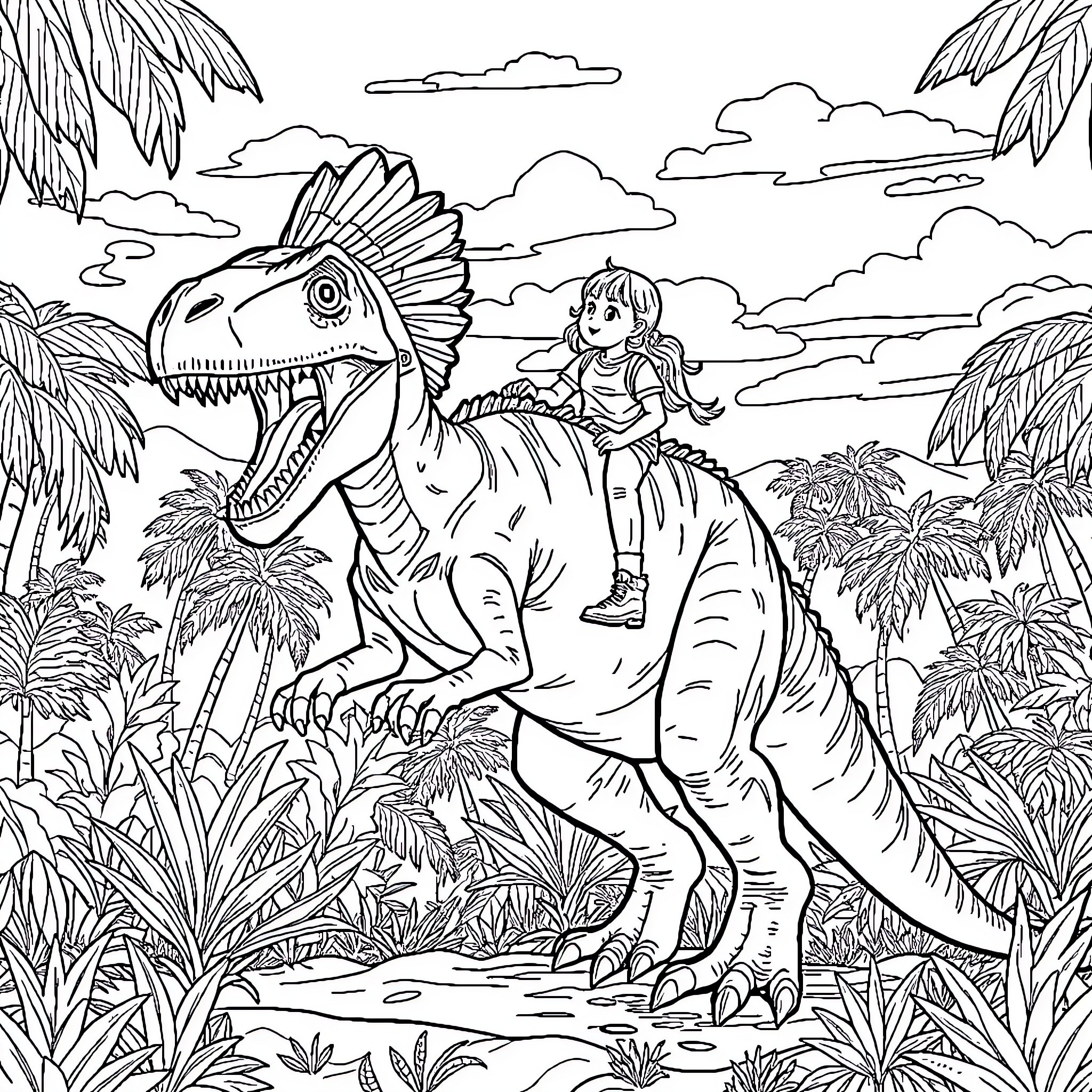 Dinosaur Encounter in the Jungle Landscape Coloring Page (free black-and-white line drawing printable PDF for all, from beginners to advanced learners, including children, teens, adults, and seniors)