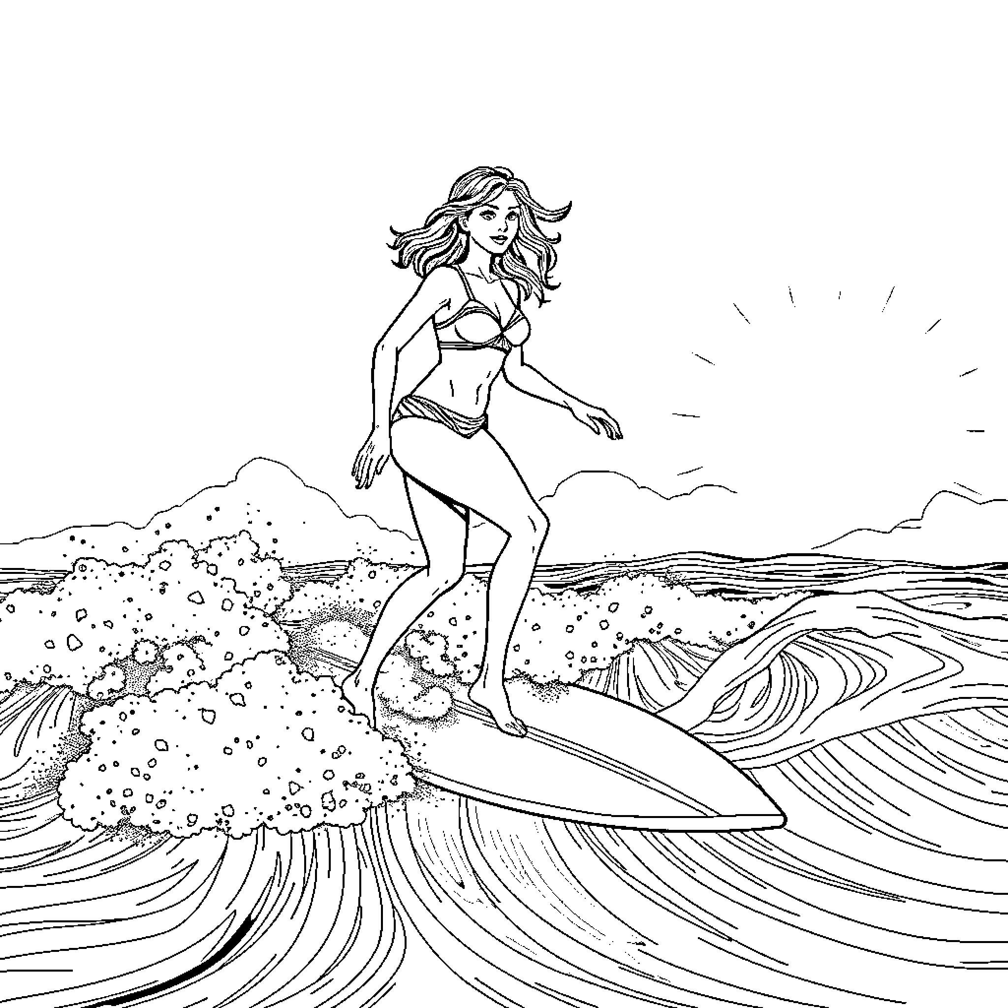Surfer catching a wave on the open ocean Coloring Page (free black-and-white line drawing printable PDF for all, from beginners to advanced learners, including children, teens, adults, and seniors)