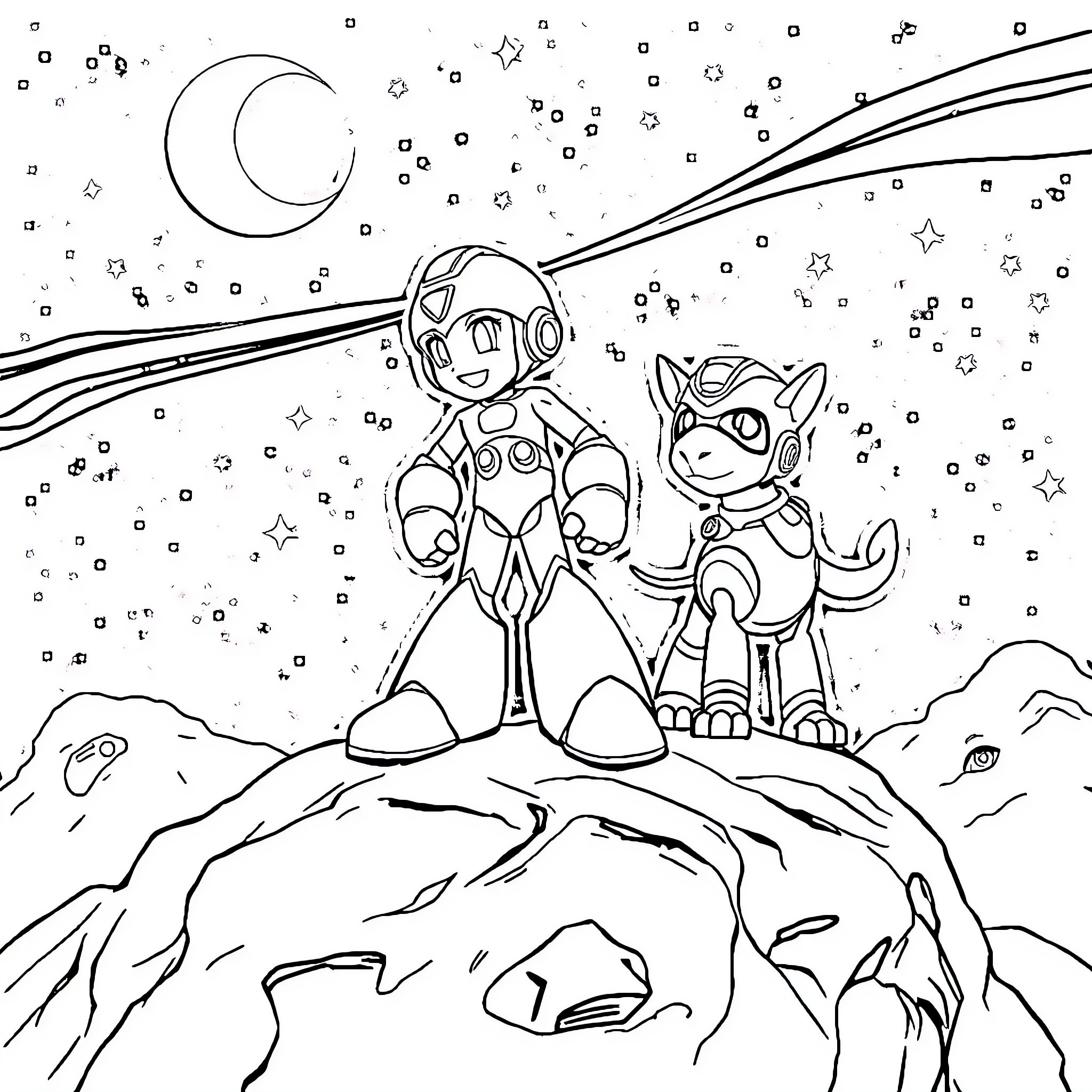 Megaman and Companion Explore Cosmic Landscape Coloring Page (free black-and-white line drawing printable PDF for all, from beginners to advanced learners, including children, teens, adults, and seniors)