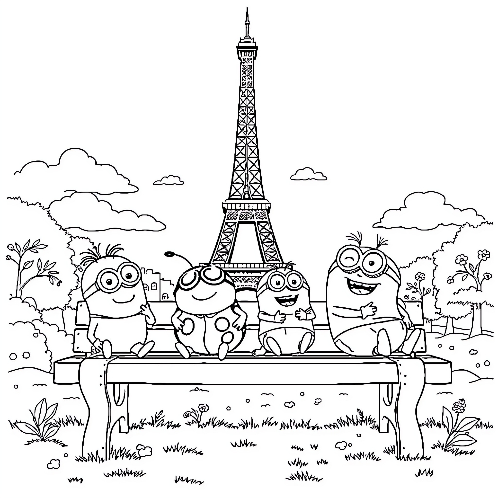 Ladybug Minions Enjoying a Day in Paris Coloring Page (free black-and-white line drawing printable PDF for all, from beginners to advanced learners, including children, teens, adults, and seniors)