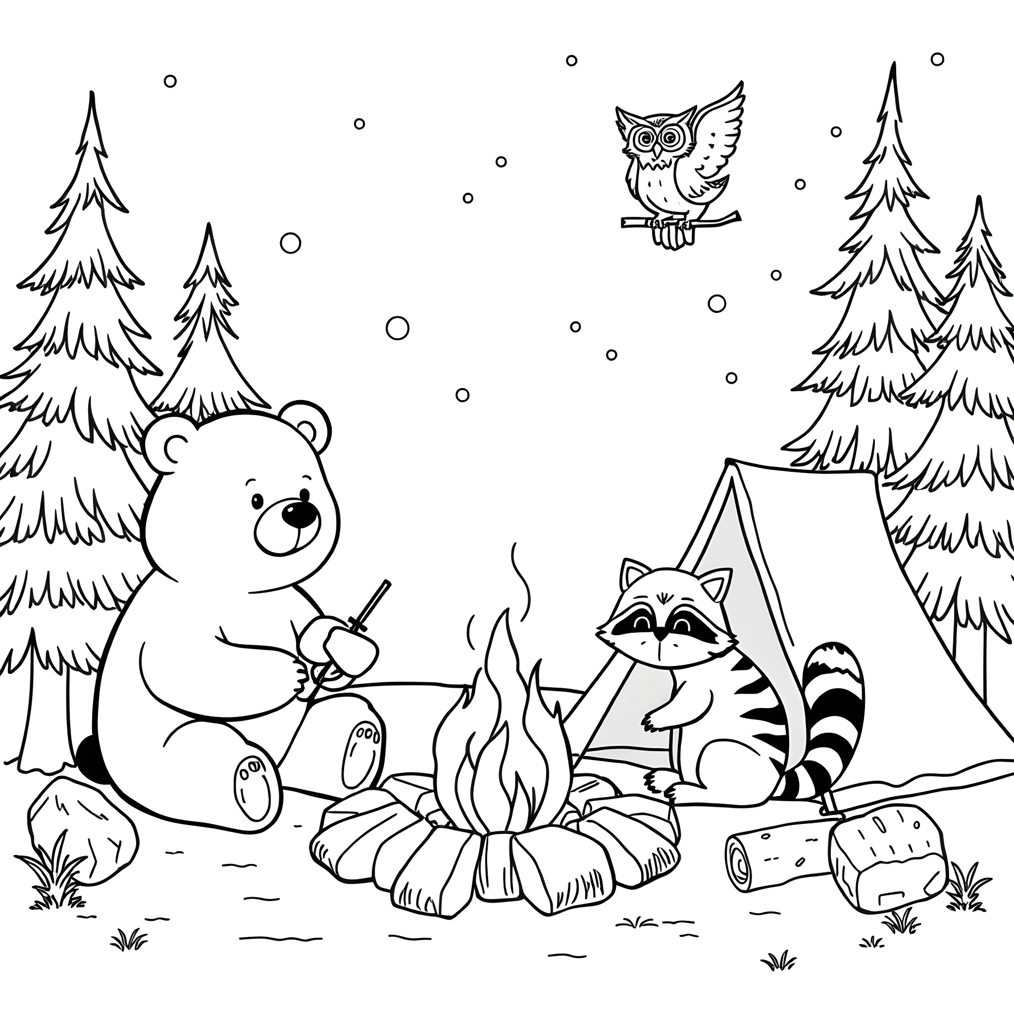 Animal friends enjoying a cozy campfire in the woods Coloring Page (free black-and-white line drawing printable PDF for all, from beginners to advanced learners, including children, teens, adults, and seniors)