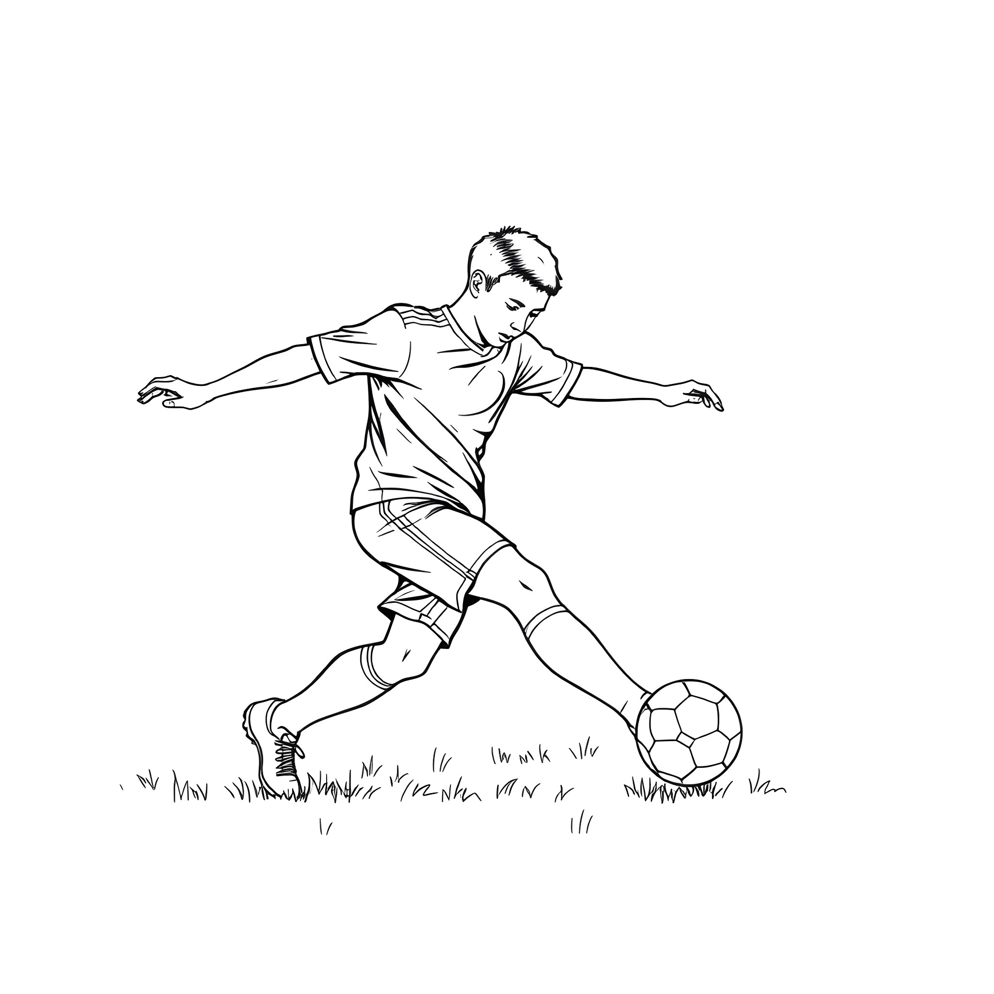 Football player dribbling on the field Coloring Page (free black-and-white line drawing printable PDF for all, from beginners to advanced learners, including children, teens, adults, and seniors)