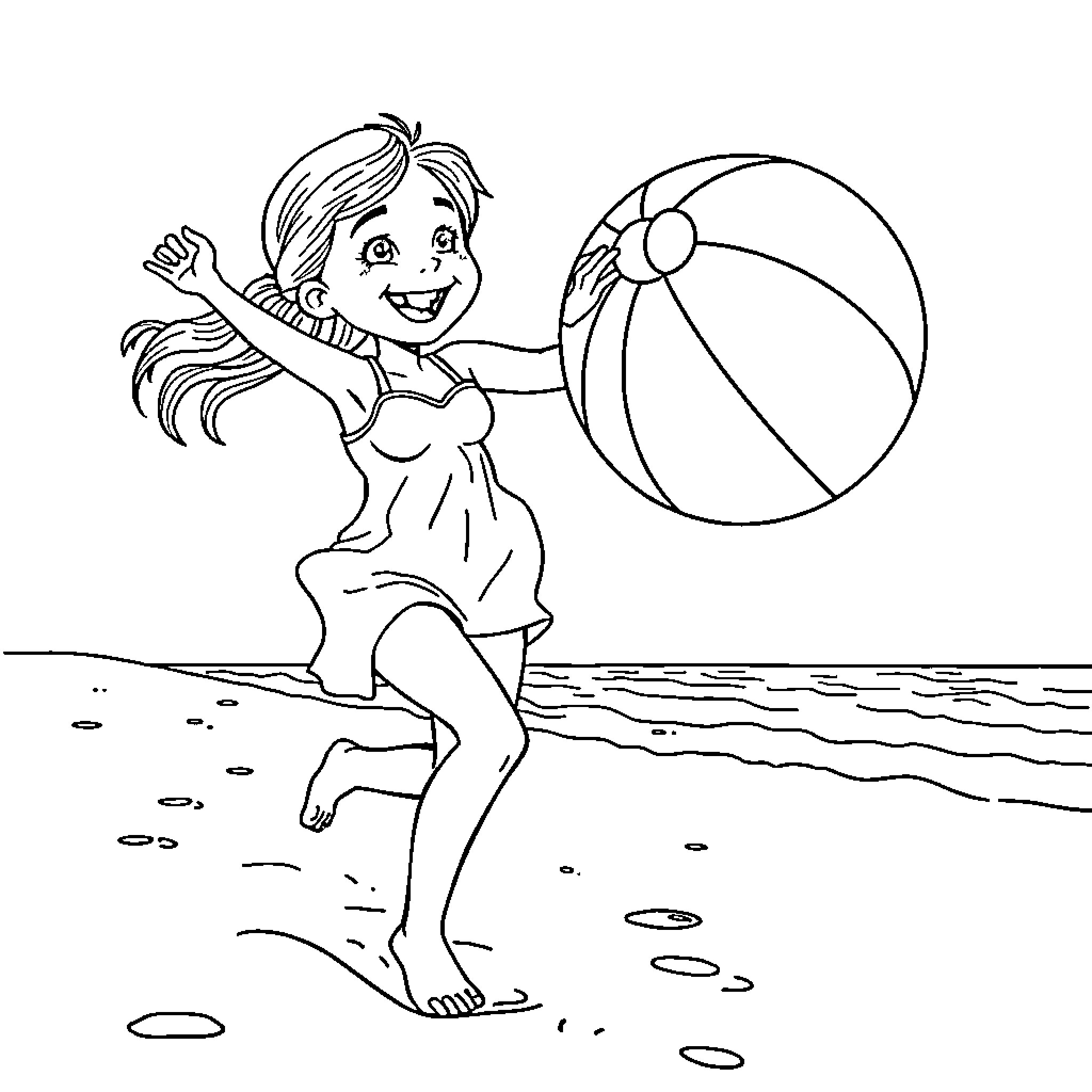 Mario Girl playing with beach ball happily Coloring Page (free black-and-white line drawing printable PDF for all, from beginners to advanced learners, including children, teens, adults, and seniors)