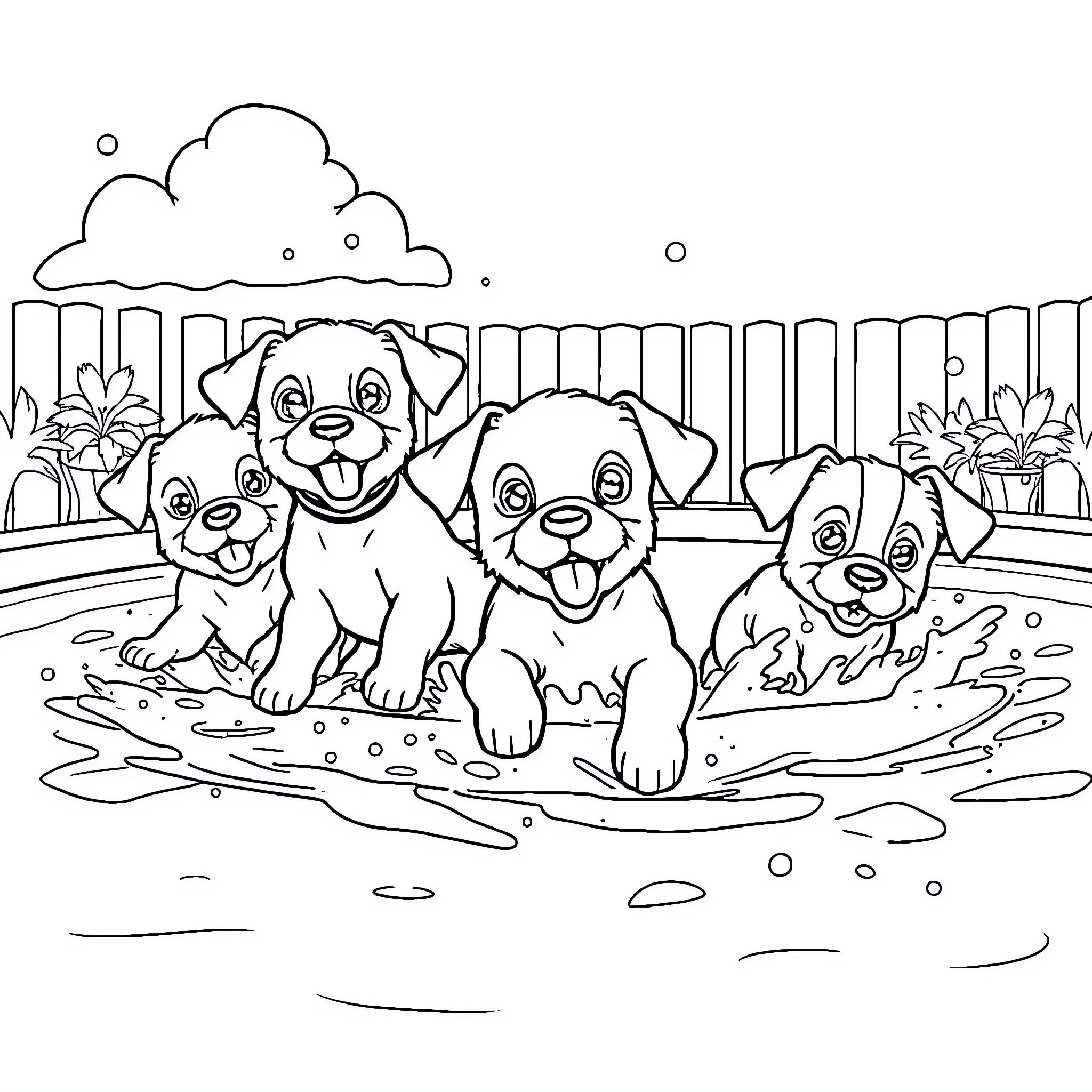 Puppy friends playing in the muddy puddle Coloring Page (free black-and-white line drawing printable PDF for all, from beginners to advanced learners, including children, teens, adults, and seniors)