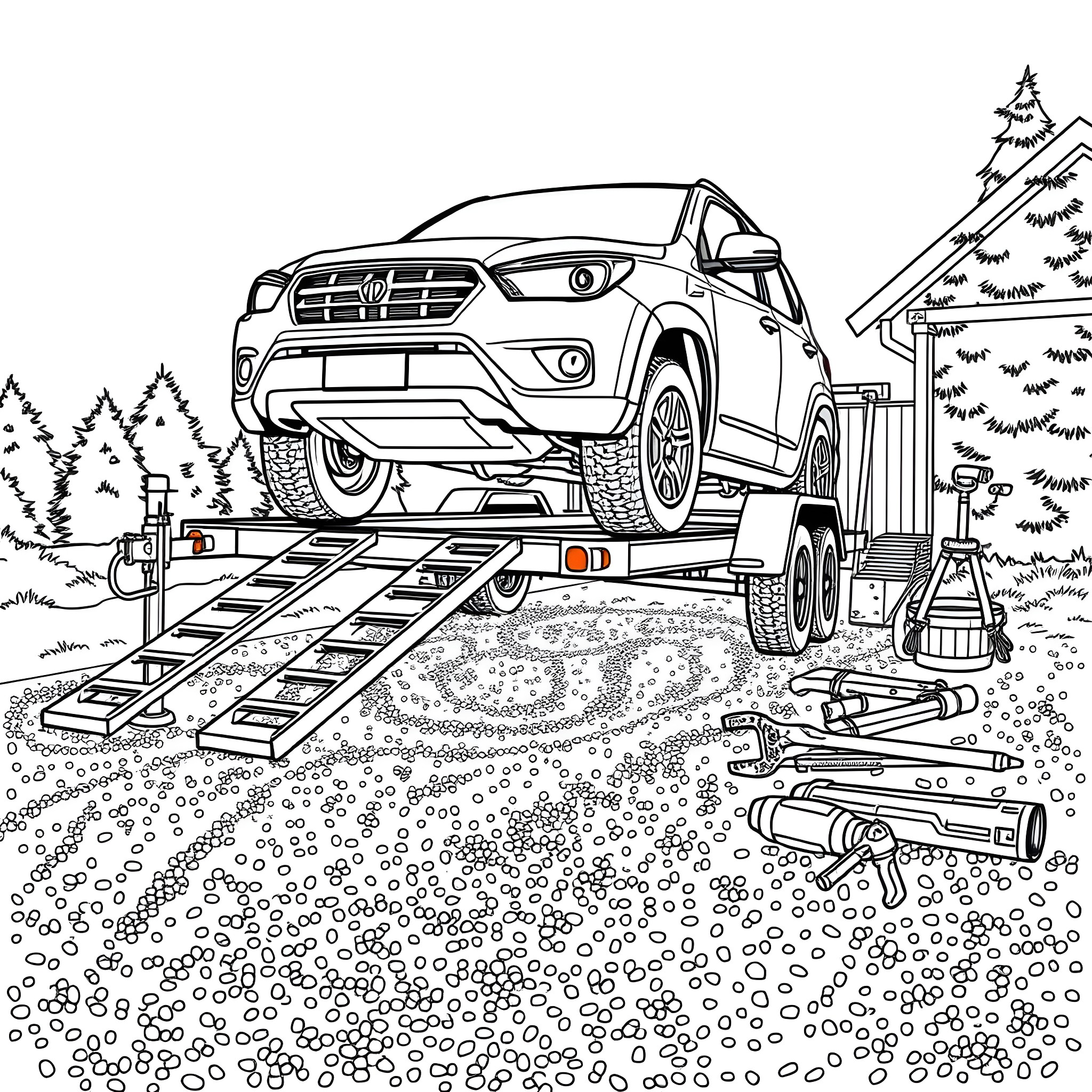 Car Trailer Carrying Pickup Truck in Winter Landscape Coloring Page (free black-and-white line drawing printable PDF for all, from beginners to advanced learners, including children, teens, adults, and seniors)