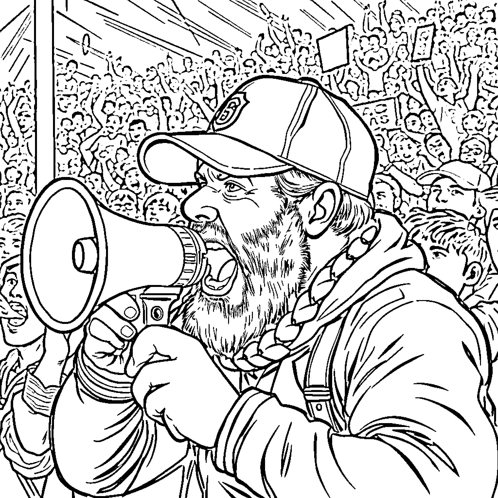 Football Ultra Crowd Cheers with Passionate Fan Coloring Page (free black-and-white line drawing printable PDF for all, from beginners to advanced learners, including children, teens, adults, and seniors)