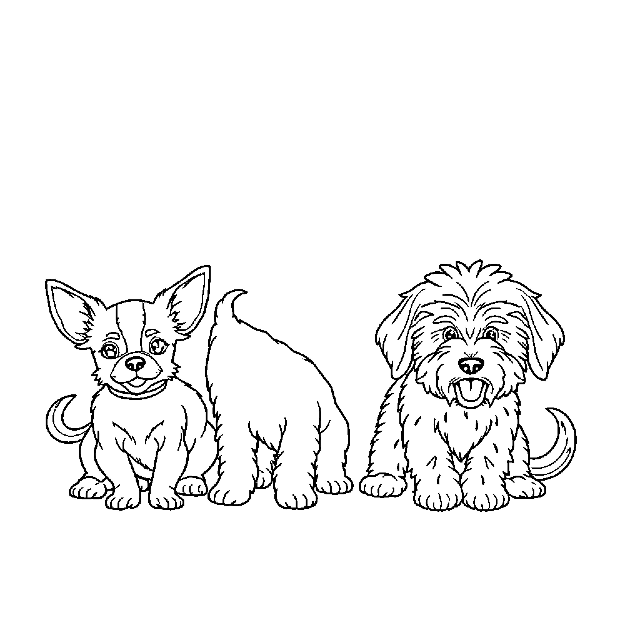 Dog friends playing and posing together Coloring Page (free black-and-white line drawing printable PDF for all, from beginners to advanced learners, including children, teens, adults, and seniors)