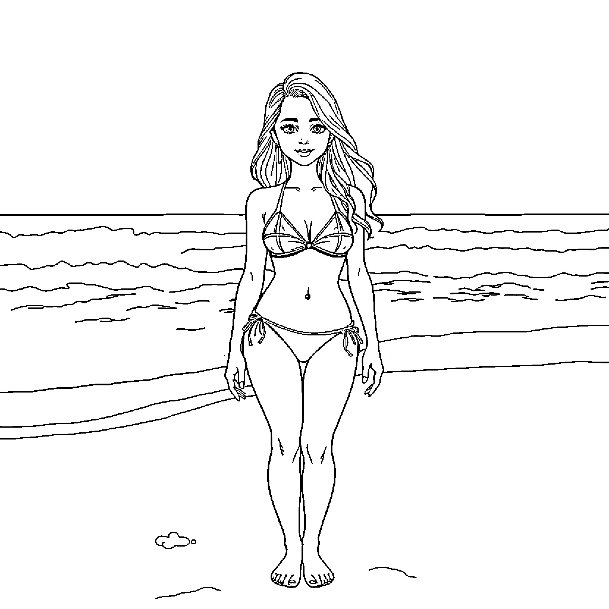 Girl relaxing on the beach in a swimsuit Coloring Page (free black-and-white line drawing printable PDF for all, from beginners to advanced learners, including children, teens, adults, and seniors)