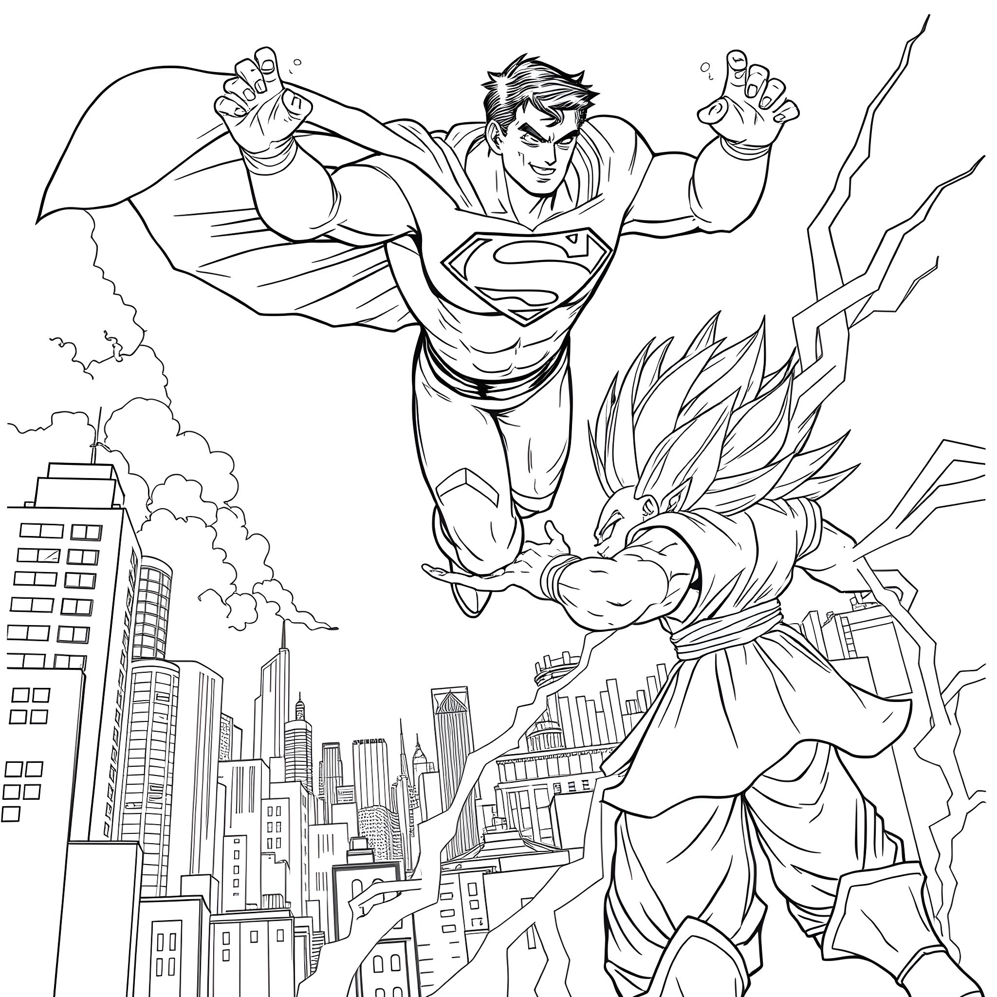 Superman battles a powerful foe in the city skyline Coloring Page (free black-and-white line drawing printable PDF for all, from beginners to advanced learners, including children, teens, adults, and seniors)