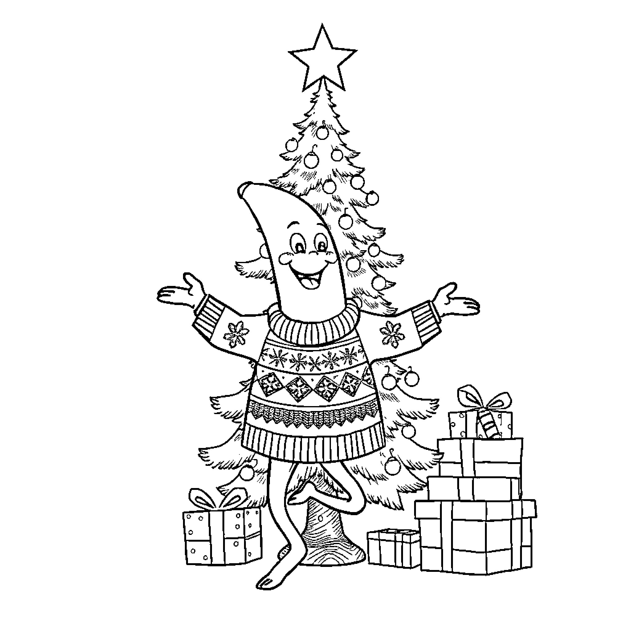Banana Christmas tree with festive decorations Coloring Page (free black-and-white line drawing printable PDF for all, from beginners to advanced learners, including children, teens, adults, and seniors)
