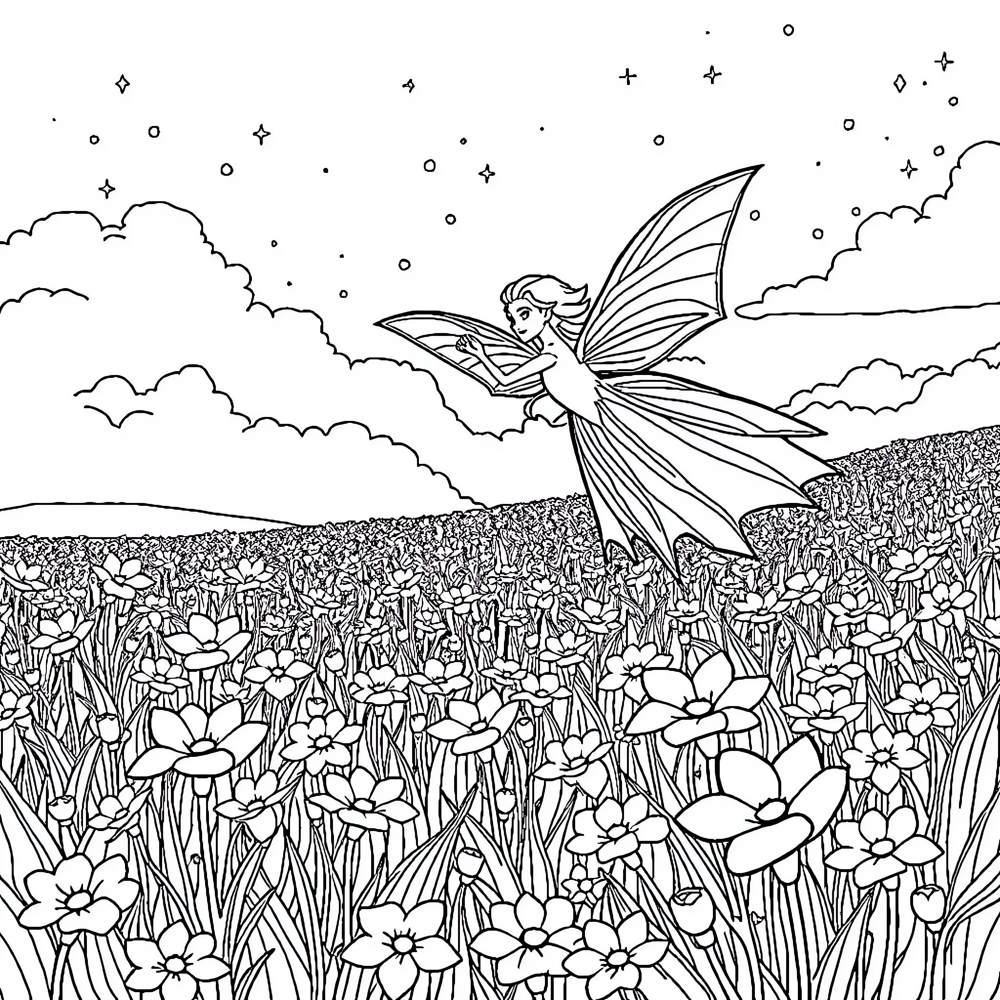 Elsa's Enchanting Floral Adventure Coloring Page (free black-and-white line drawing printable PDF for all, from beginners to advanced learners, including children, teens, adults, and seniors)