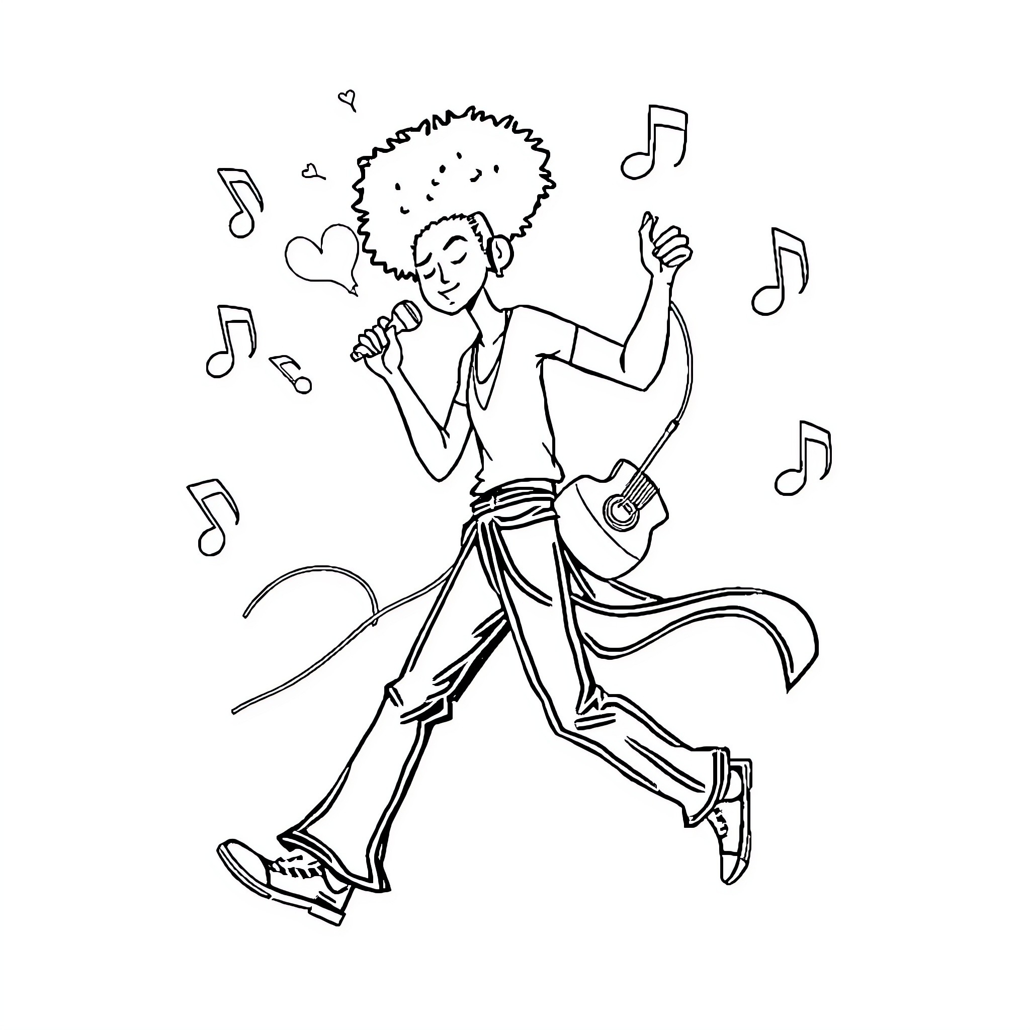 Afro Musician Joyfully Performing with Guitar Coloring Page (free black-and-white line drawing printable PDF for all, from beginners to advanced learners, including children, teens, adults, and seniors)
