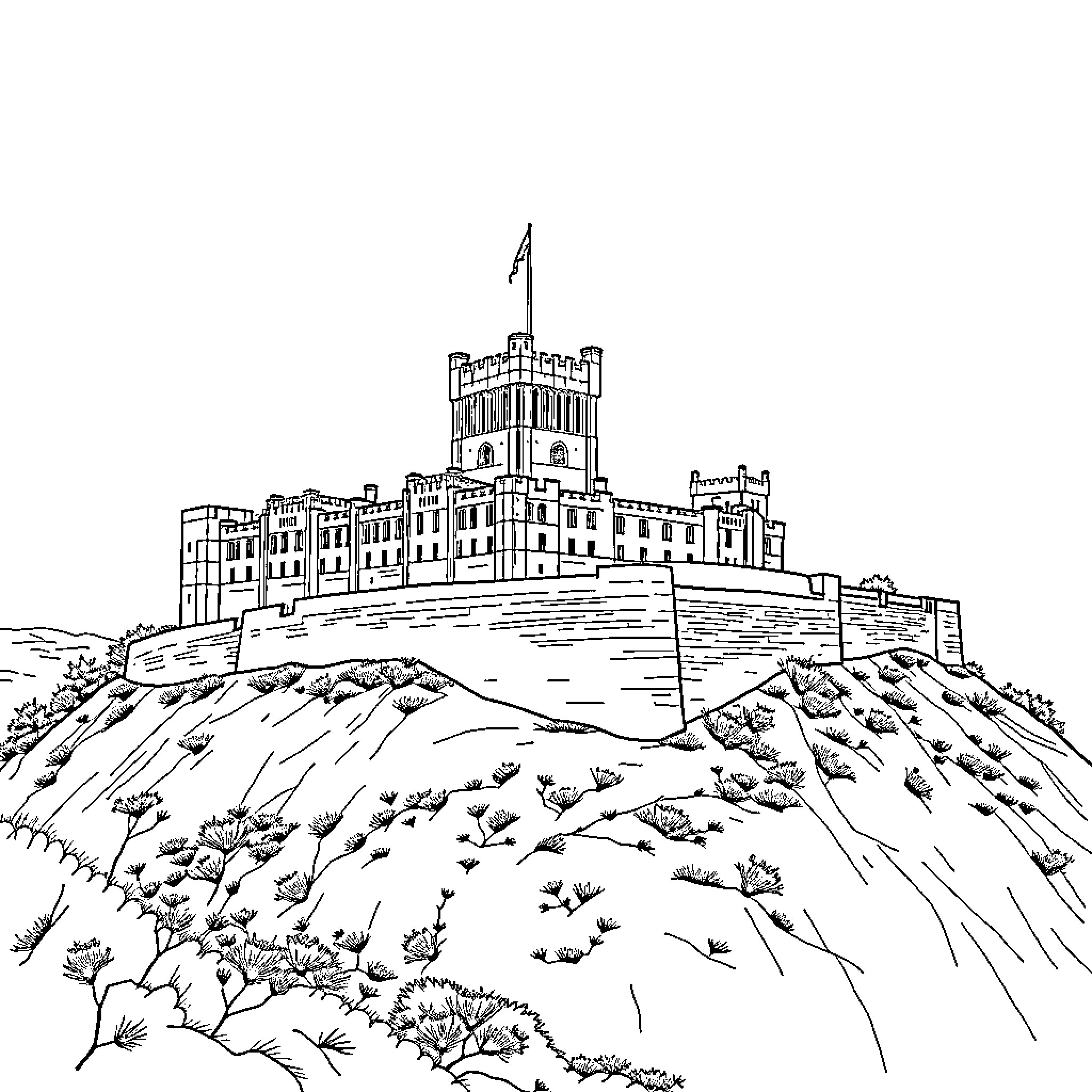 Castle on a Hilltop with Detailed Architecture Coloring Page (free black-and-white line drawing printable PDF for all, from beginners to advanced learners, including children, teens, adults, and seniors)
