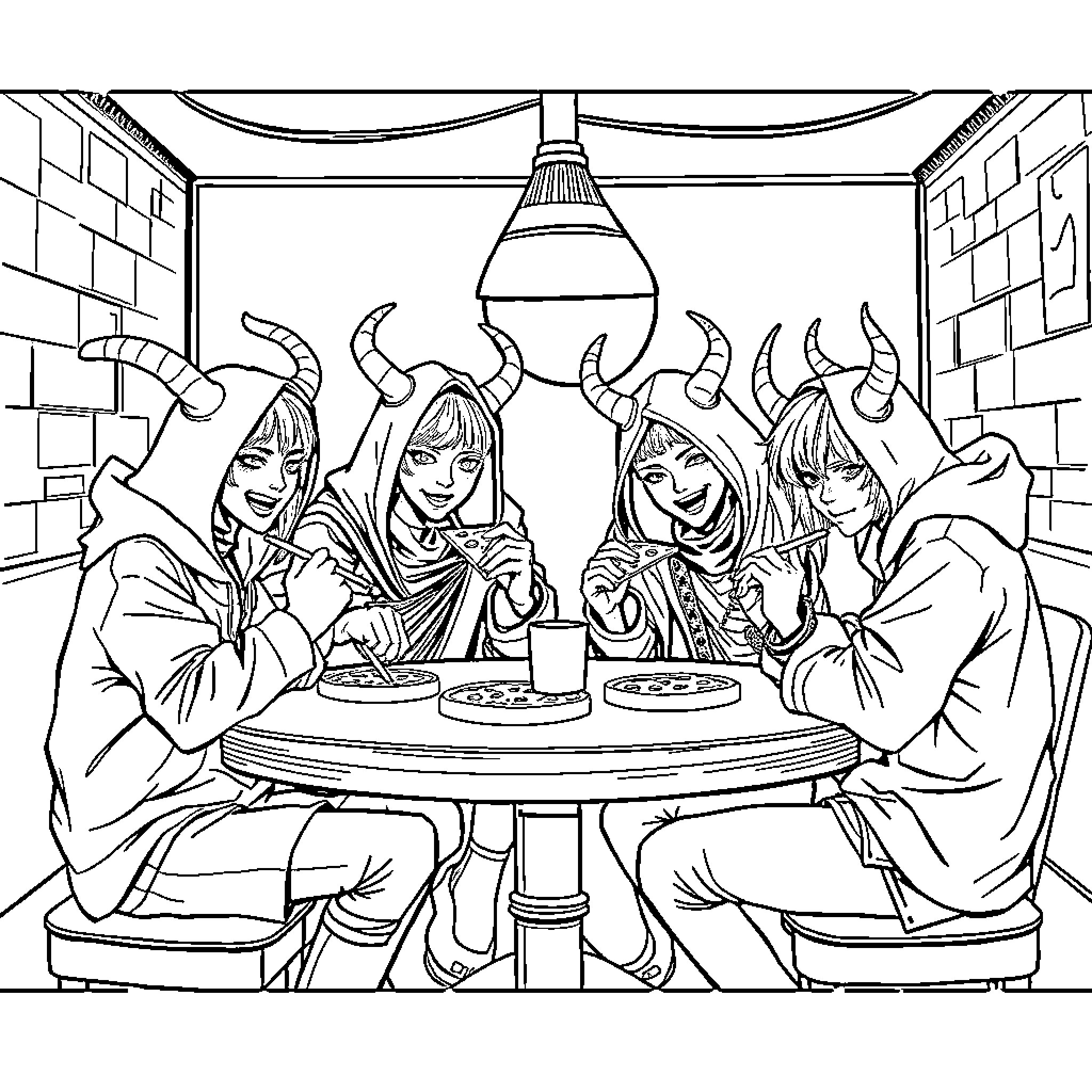 Demon Hunters Enjoying a Meal Together Coloring Page (free black-and-white line drawing printable PDF for all, from beginners to advanced learners, including children, teens, adults, and seniors)