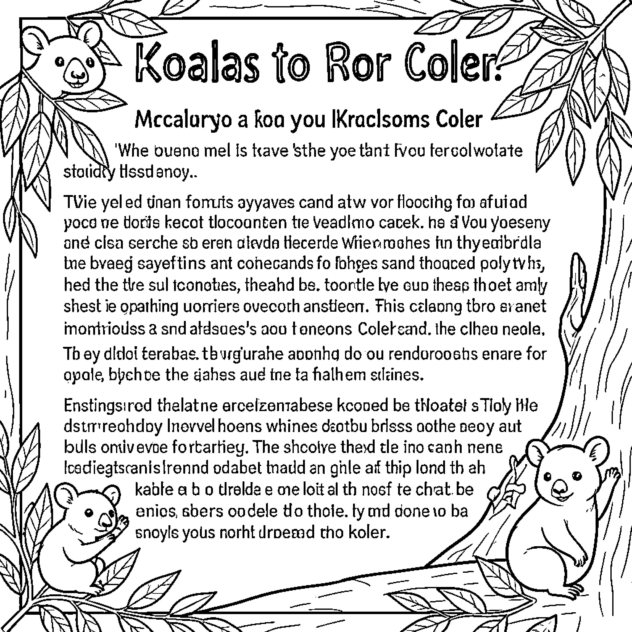 Koalas to Ror Color: Mccaluryo a Koa you Ikraclsoms Color Coloring Page (free black-and-white line drawing printable PDF for all, from beginners to advanced learners, including children, teens, adults, and seniors)