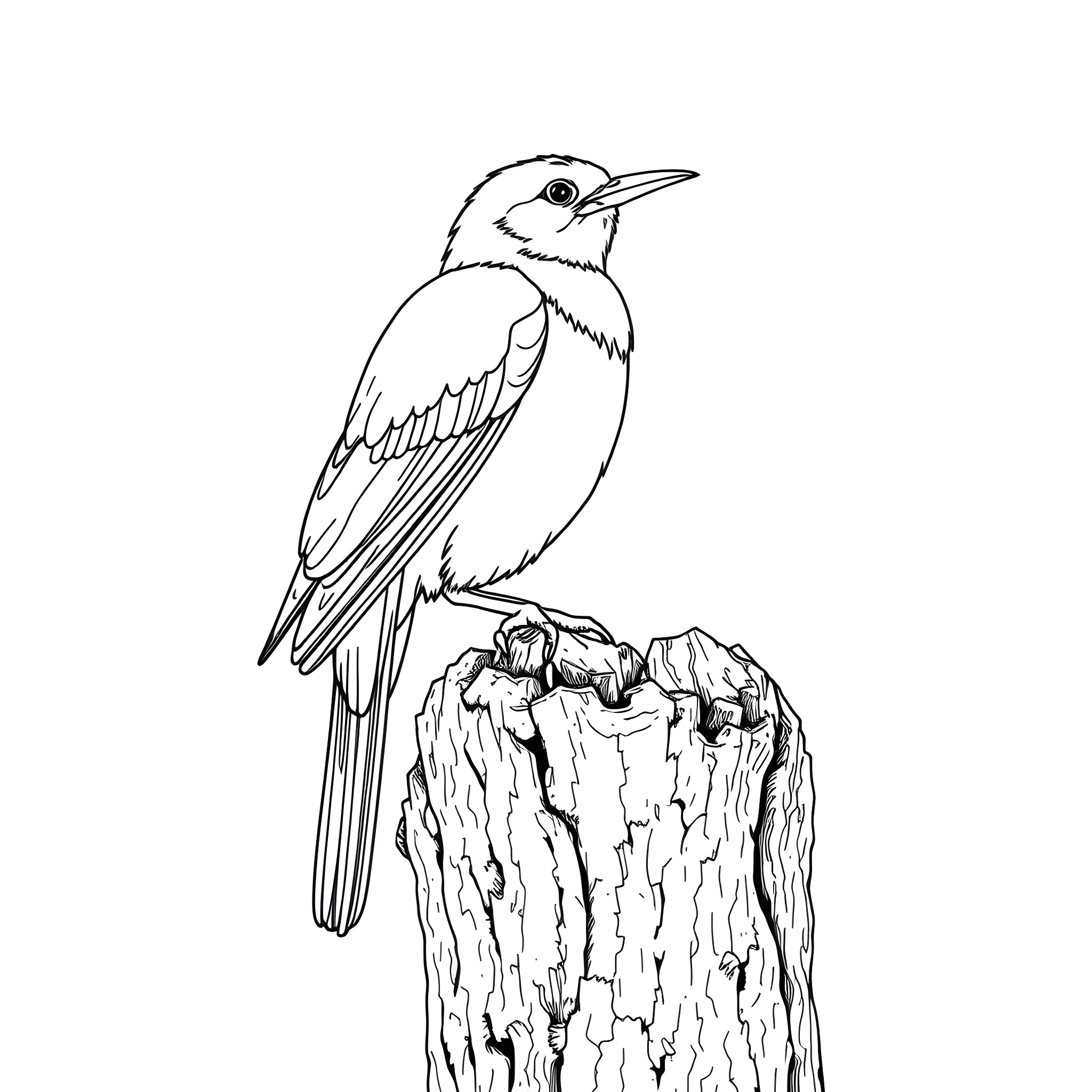 Chlorochrysa Phoenicotis perched on tree stump Coloring Page (free black-and-white line drawing printable PDF for all, from beginners to advanced learners, including children, teens, adults, and seniors)