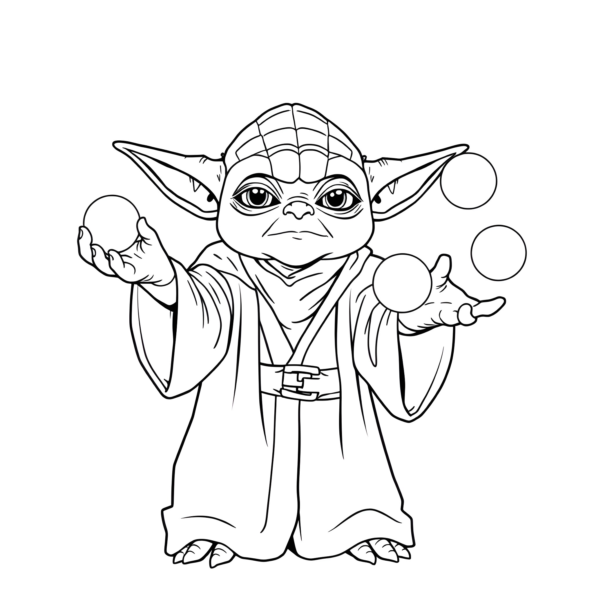 Yoda practicing Jedi levitation with Force Coloring Page (free black-and-white line drawing printable PDF for all, from beginners to advanced learners, including children, teens, adults, and seniors)