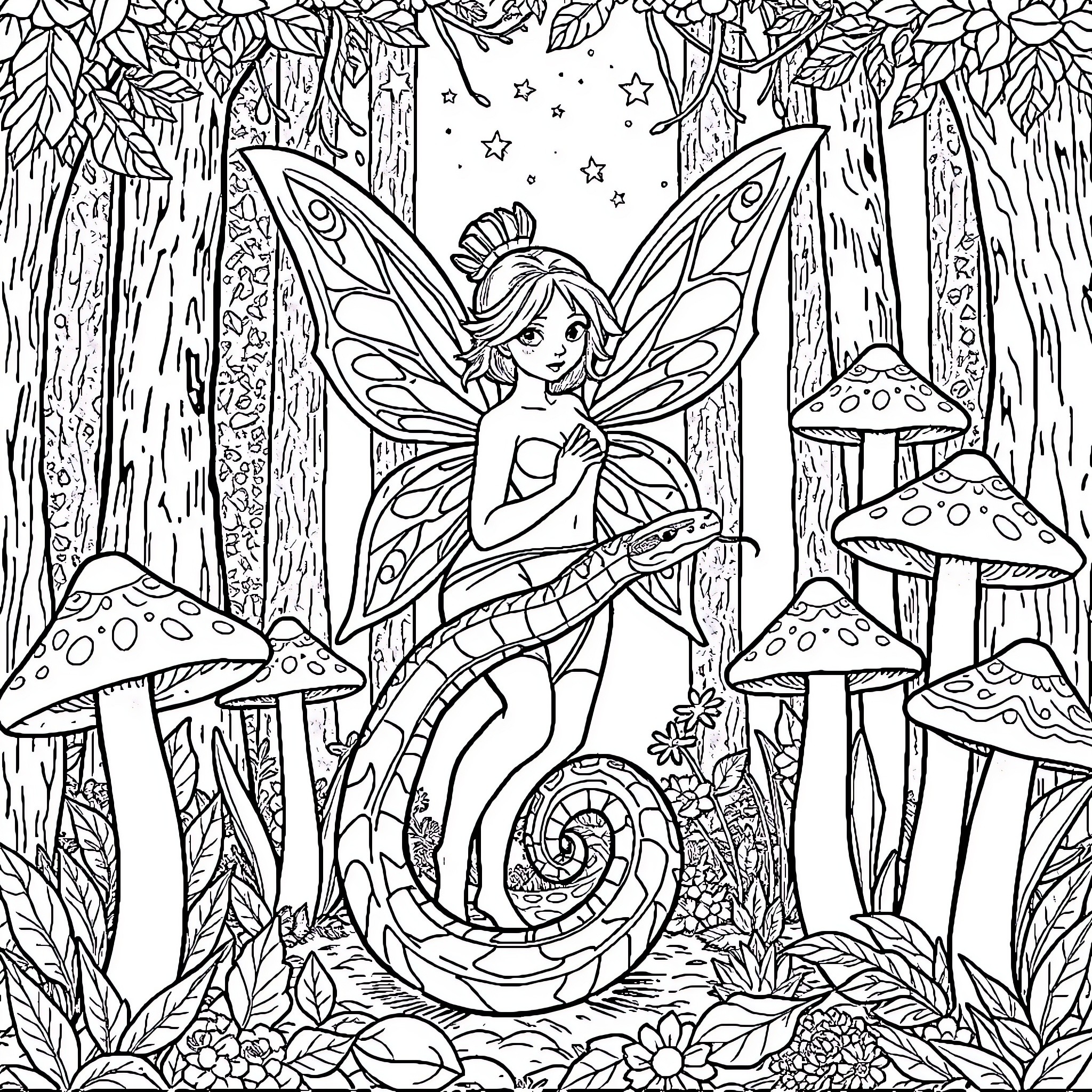 Fairy resting peacefully in enchanted forest Coloring Page (free black-and-white line drawing printable PDF for all, from beginners to advanced learners, including children, teens, adults, and seniors)