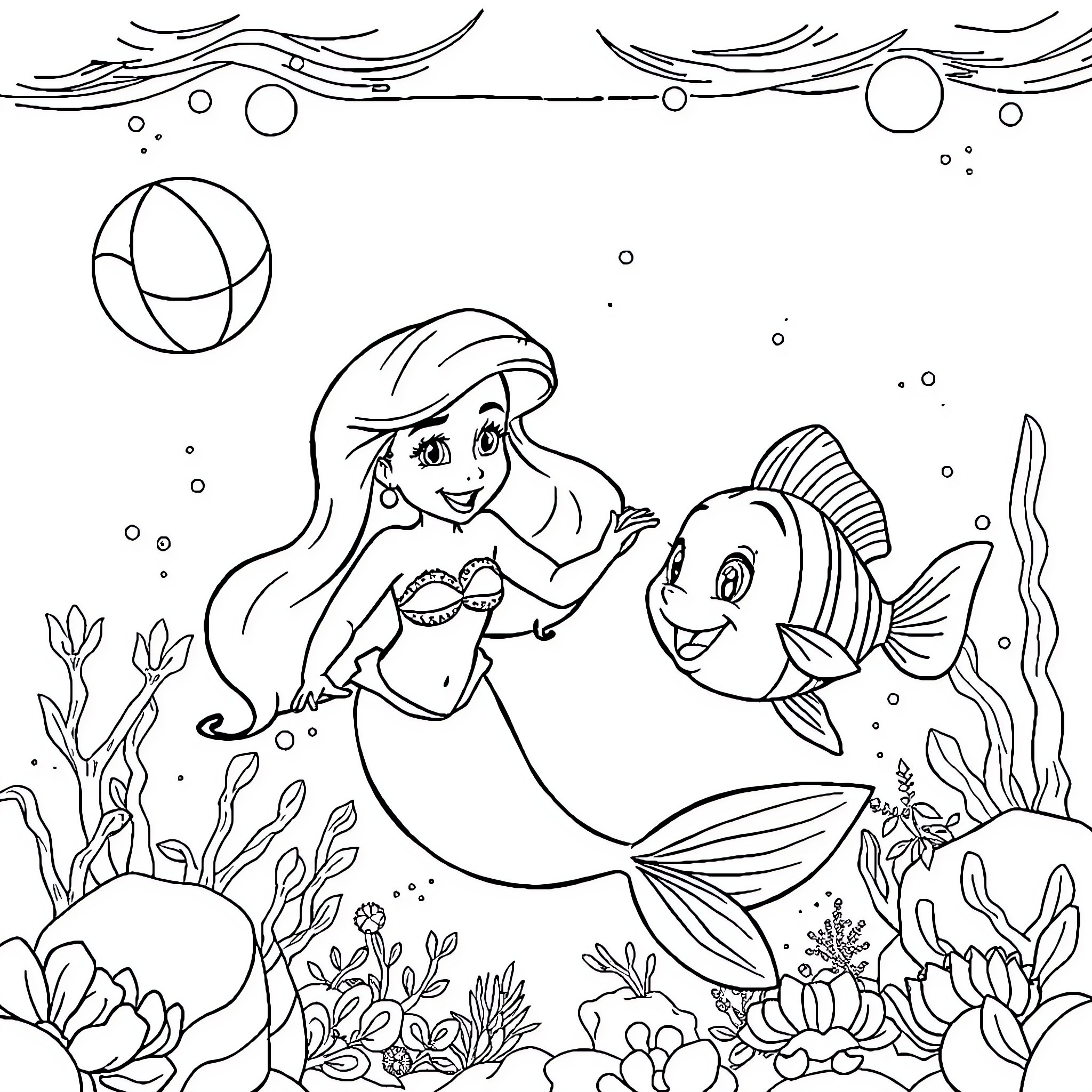 Ariel and her friend exploring the underwater world Coloring Page (free black-and-white line drawing printable PDF for all, from beginners to advanced learners, including children, teens, adults, and seniors)