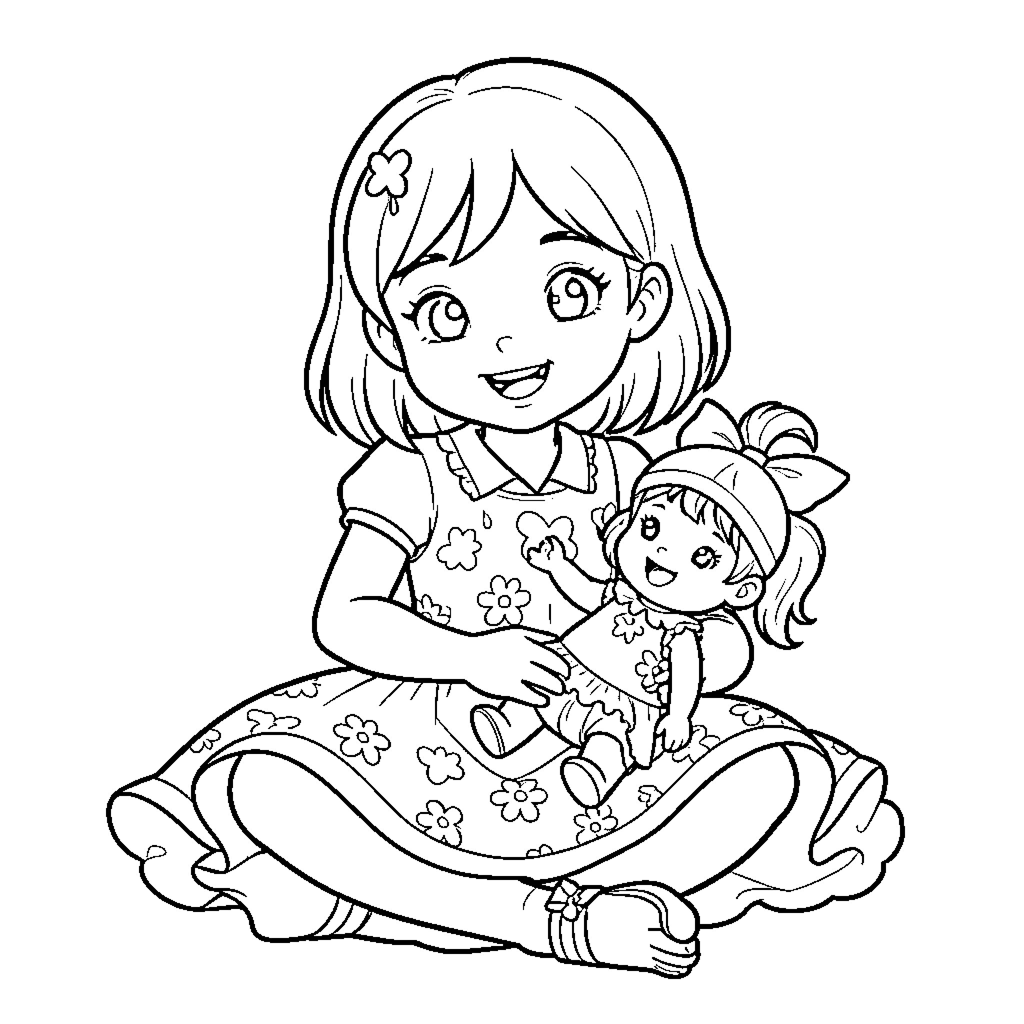 Girl playing with doll in floral dress Coloring Page (free black-and-white line drawing printable PDF for all, from beginners to advanced learners, including children, teens, adults, and seniors)