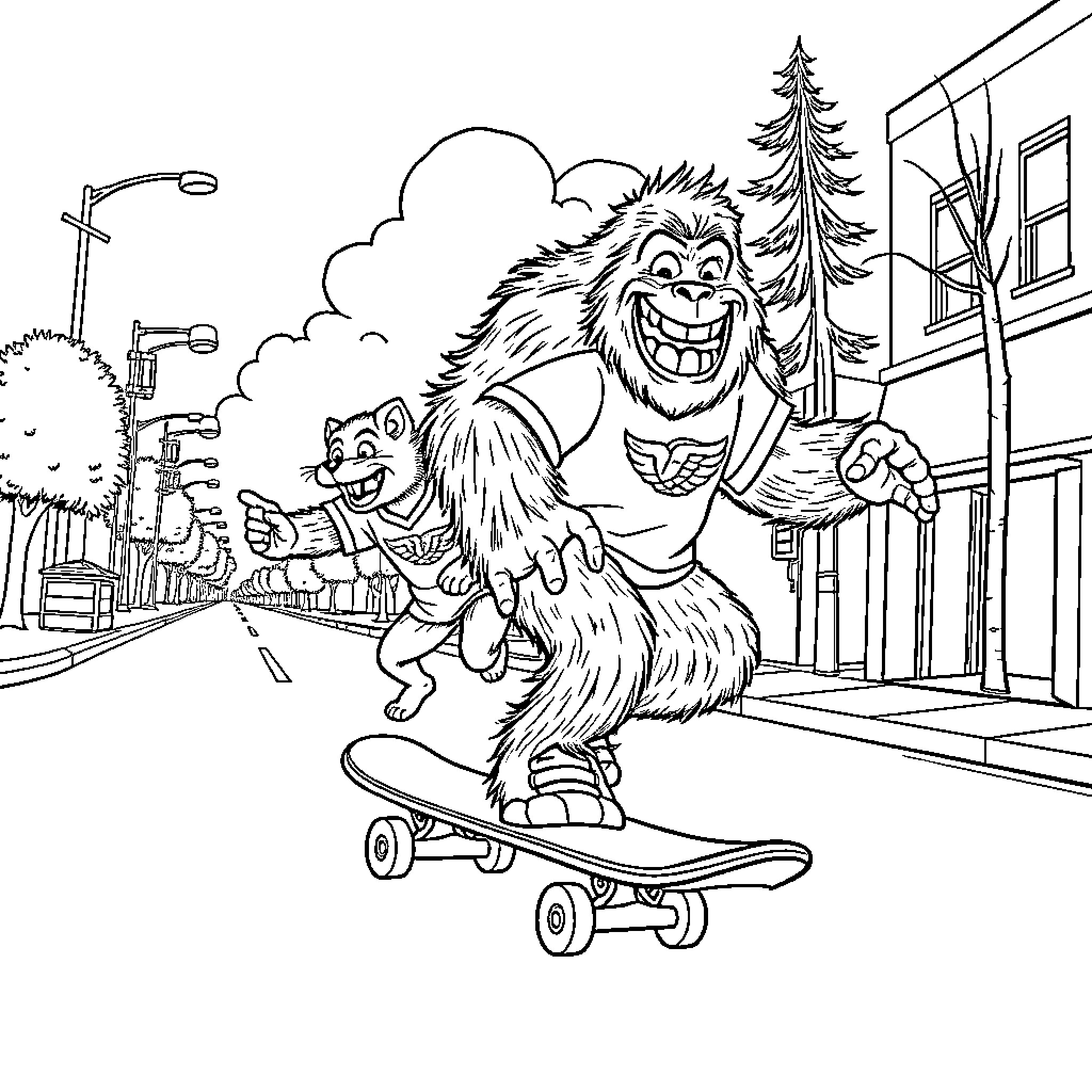 Bigfoot skateboarding through the city with a friend Coloring Page (free black-and-white line drawing printable PDF for all, from beginners to advanced learners, including children, teens, adults, and seniors)