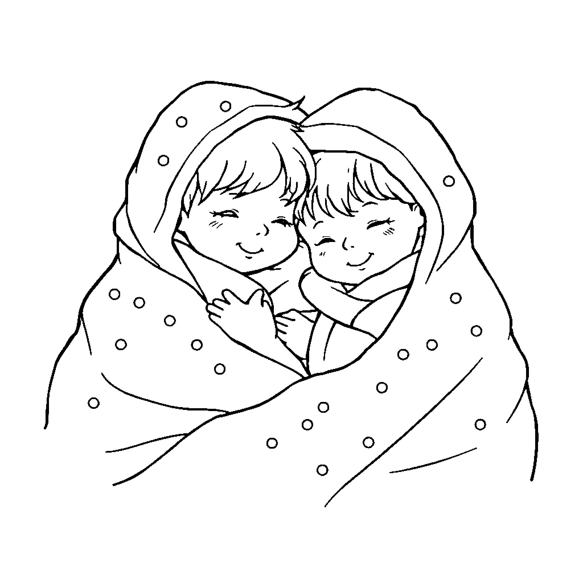 Child Siblings Cuddled in Snowy Blanket Coloring Page (free black-and-white line drawing printable PDF for all, from beginners to advanced learners, including children, teens, adults, and seniors)