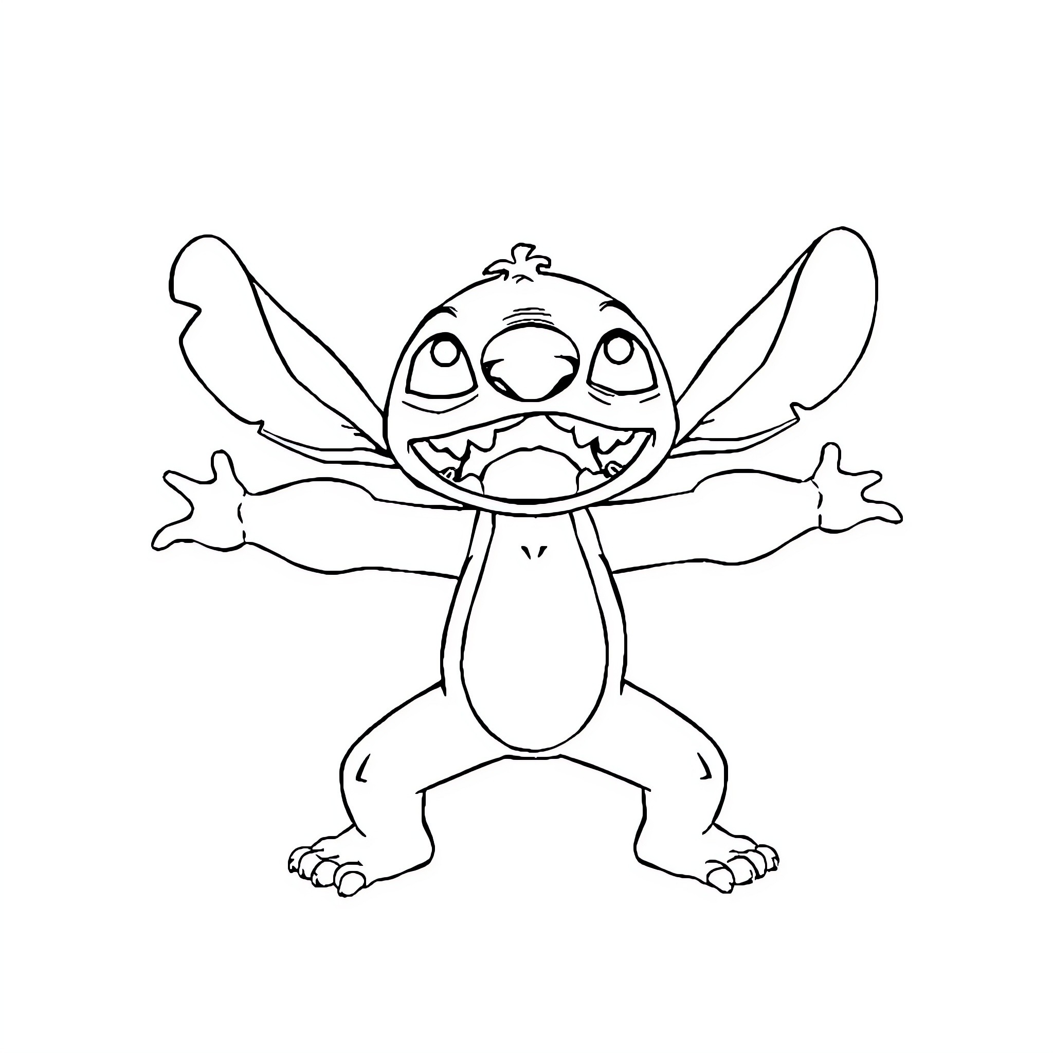 Stitch showing his toothy grin with arms outstretched Coloring Page (free black-and-white line drawing printable PDF for all, from beginners to advanced learners, including children, teens, adults, and seniors)