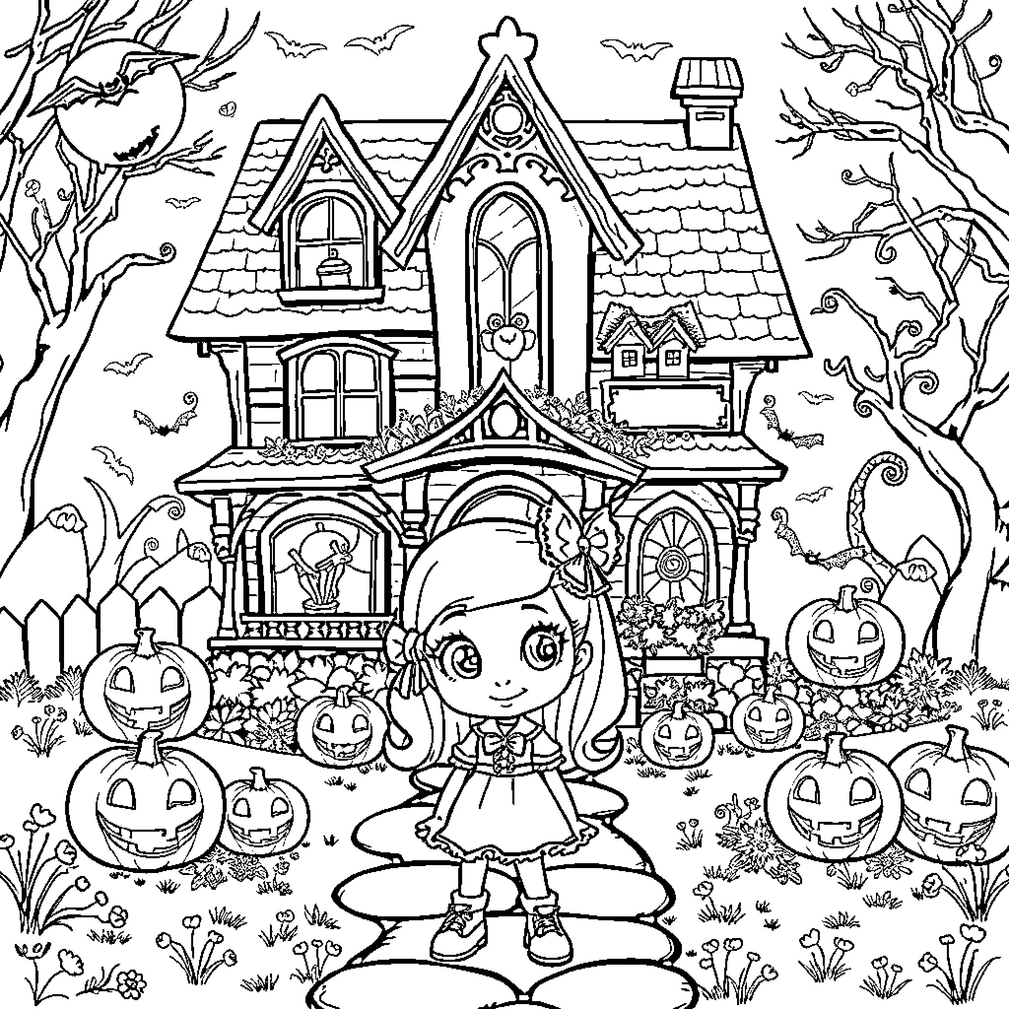 Gabby's Spooktacular Halloween Adventure Coloring Page (free black-and-white line drawing printable PDF for all, from beginners to advanced learners, including children, teens, adults, and seniors)