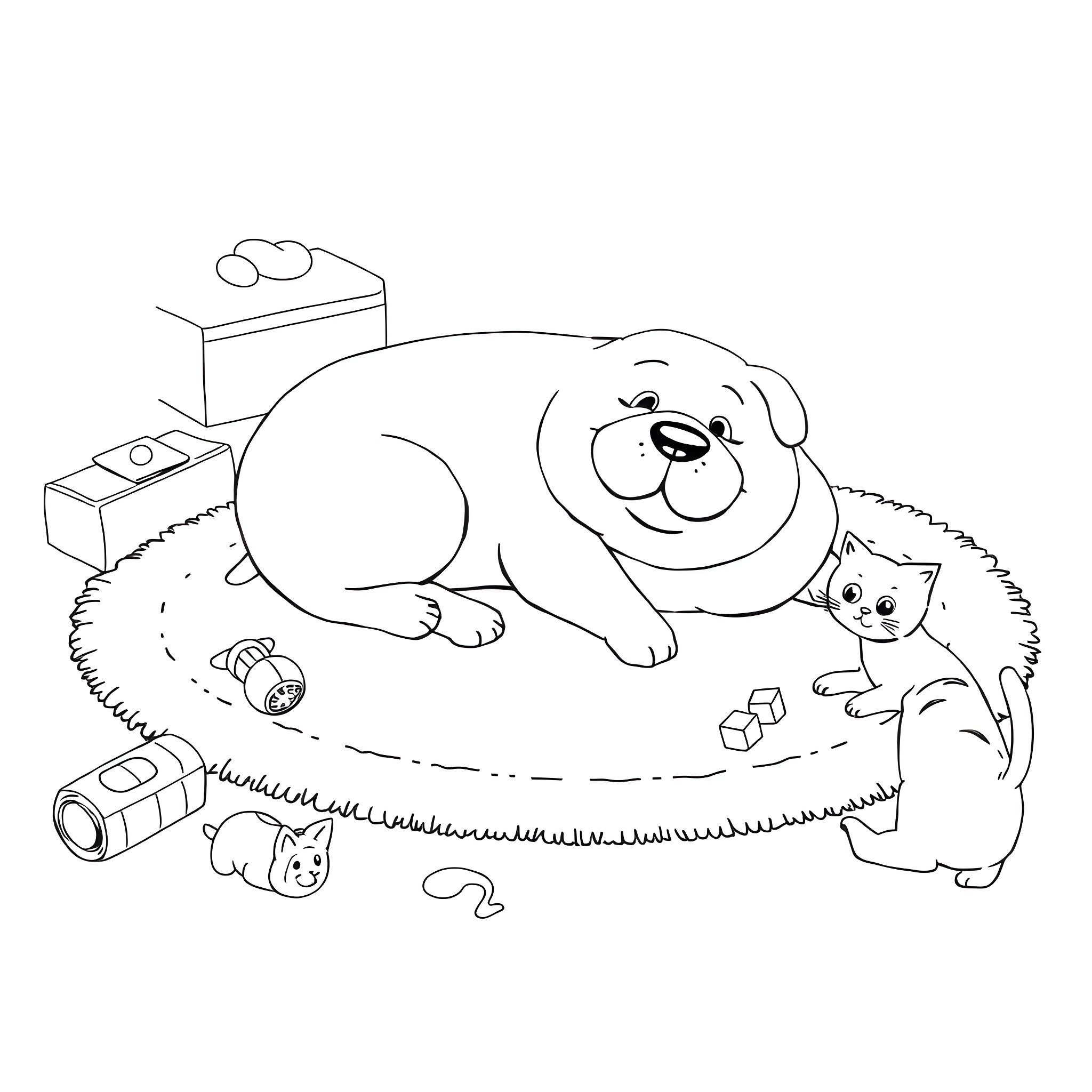 Dog relaxing with toys and friends Coloring Page (free black-and-white line drawing printable PDF for all, from beginners to advanced learners, including children, teens, adults, and seniors)