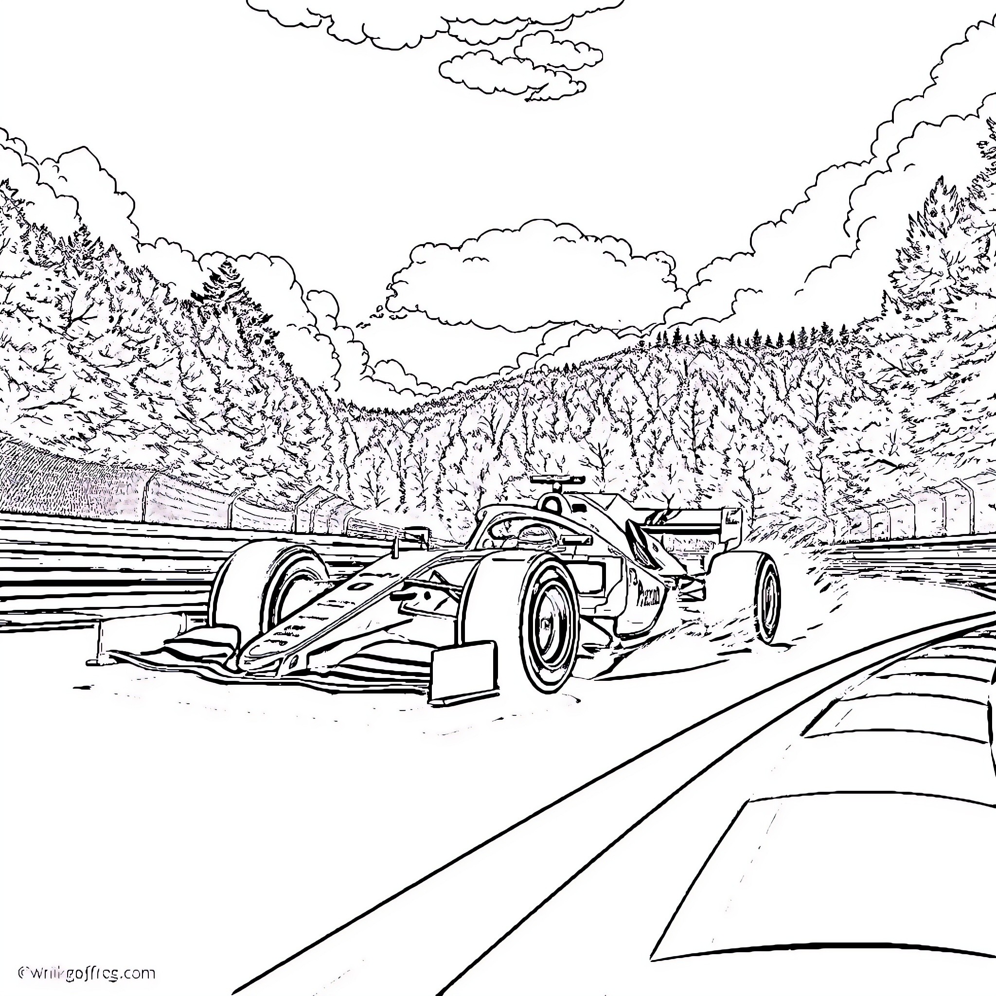 Formula 1 Car Racing on Winding Track in Mountains Coloring Page (free black-and-white line drawing printable PDF for all, from beginners to advanced learners, including children, teens, adults, and seniors)