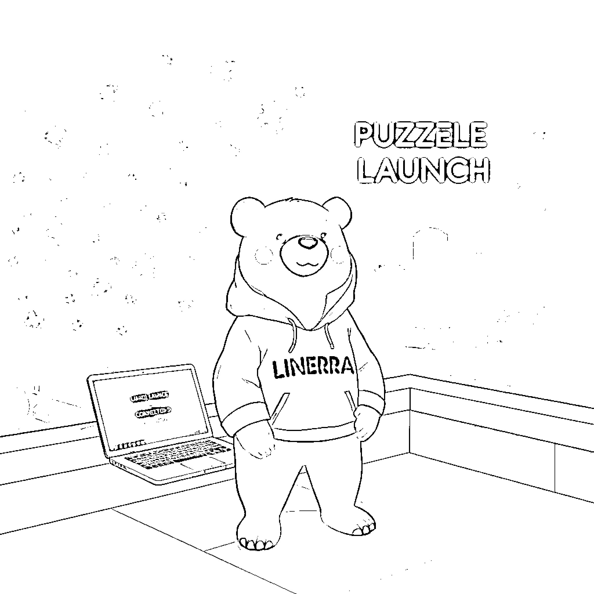 Bear launching a puzzle Coloring Page (free black-and-white line drawing printable PDF for all, from beginners to advanced learners, including children, teens, adults, and seniors)