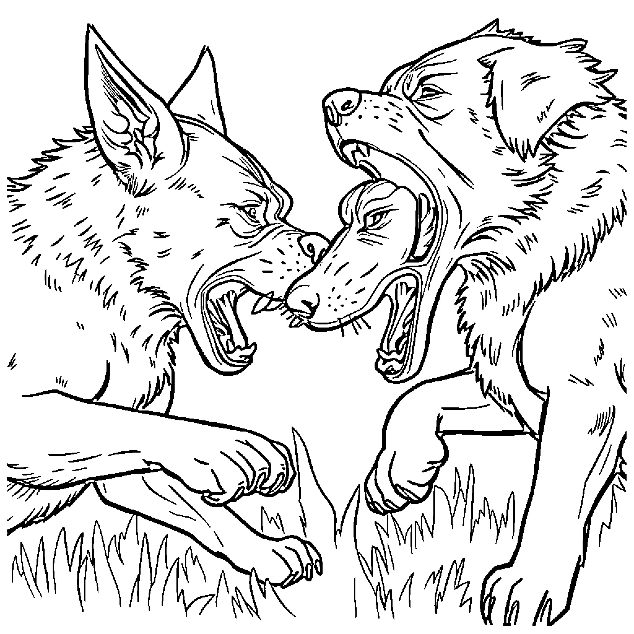 Dog Pack Engaged in Intense Encounter Coloring Page (free black-and-white line drawing printable PDF for all, from beginners to advanced learners, including children, teens, adults, and seniors)