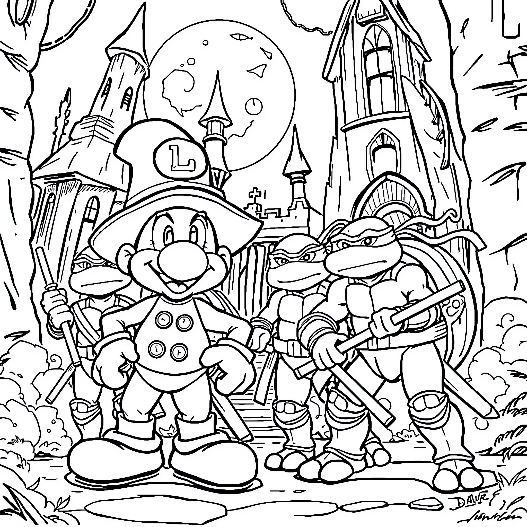 Gooigi and the Ghostly Castle Adventure Coloring Page (free black-and-white line drawing printable PDF for all, from beginners to advanced learners, including children, teens, adults, and seniors)